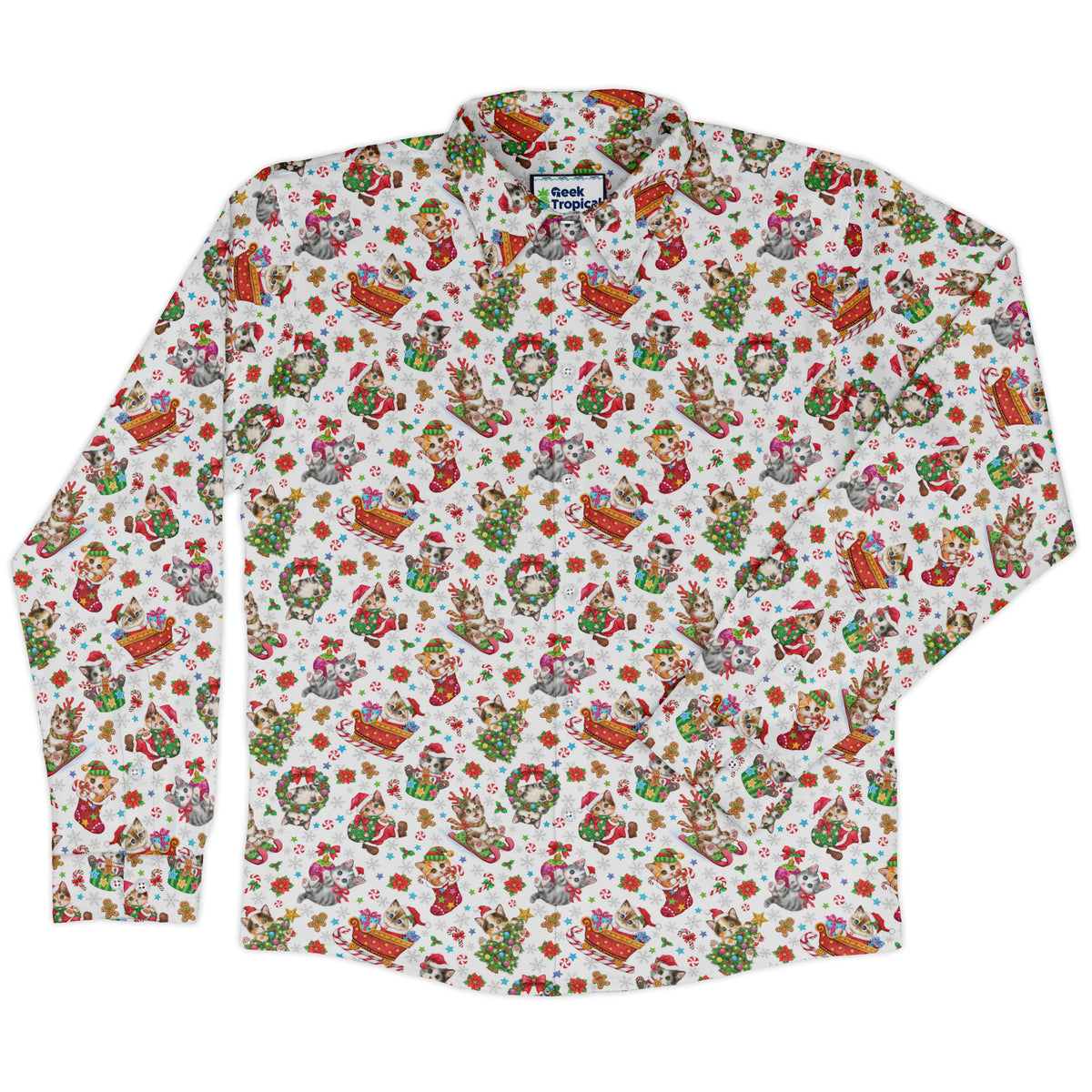 Santas Little Kittens Long Sleeve Button Up Shirt front