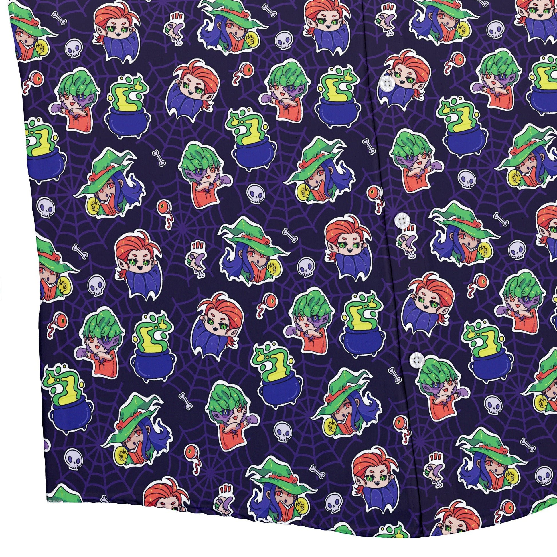 Scary Anime Chibi Stickers Dark Purple Button Up Shirt Geek Nerd adult sizing Anime Design by Ardi Tong