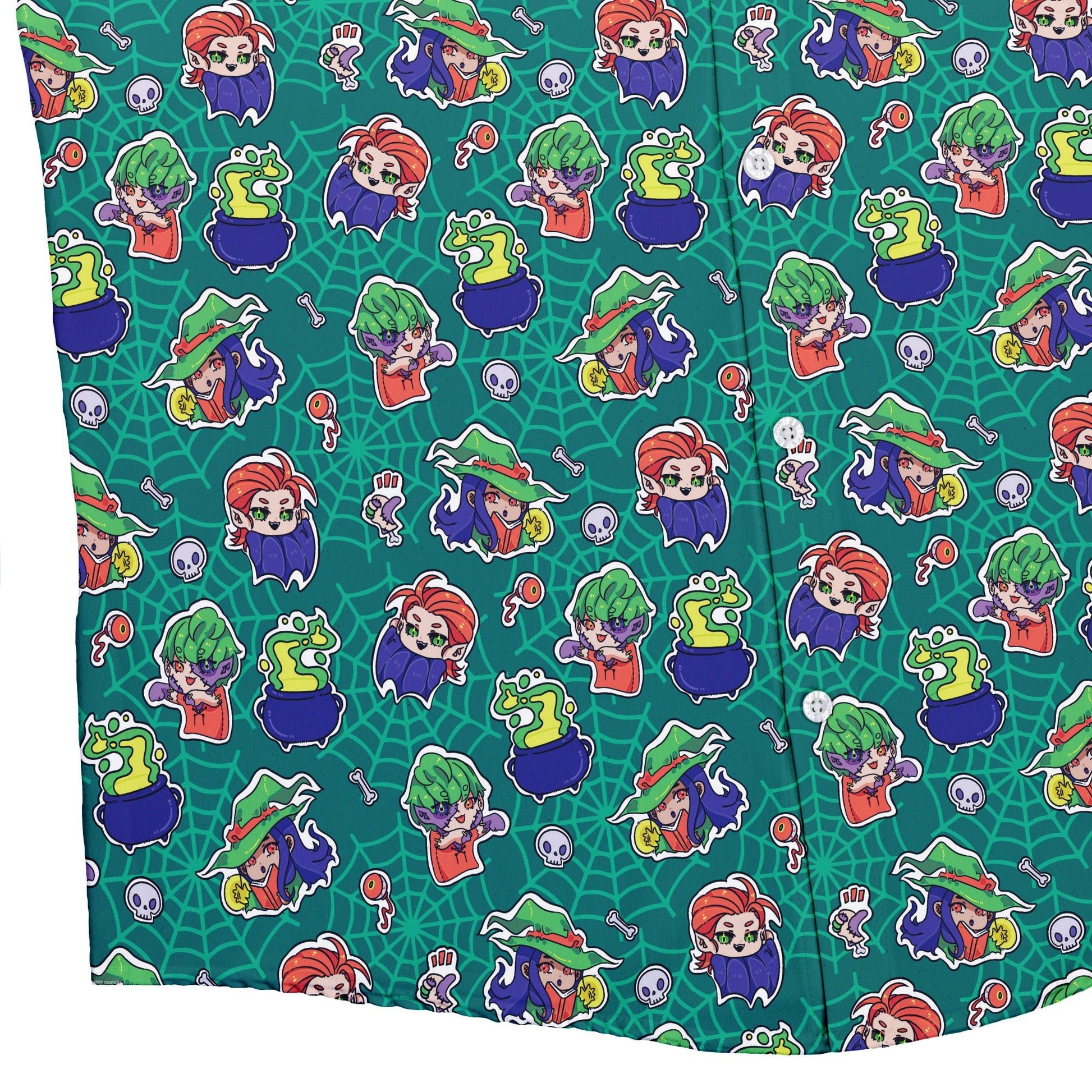 Scary Anime Chibi Stickers Teal Button Up Shirt Geek Nerd adult sizing Anime Design by Ardi Tong