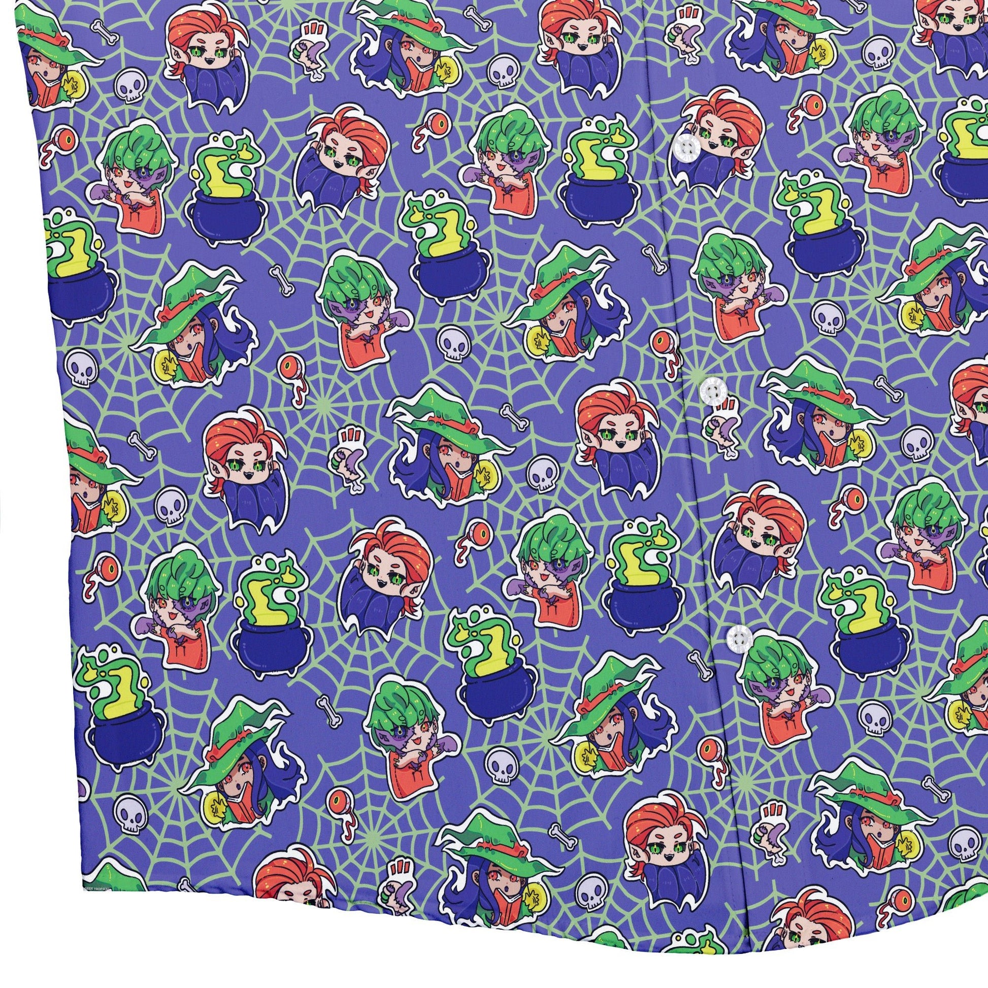 Scary Anime Chibi Stickers Purple Green Button Up Shirt Geek Nerd adult sizing Anime Design by Ardi Tong