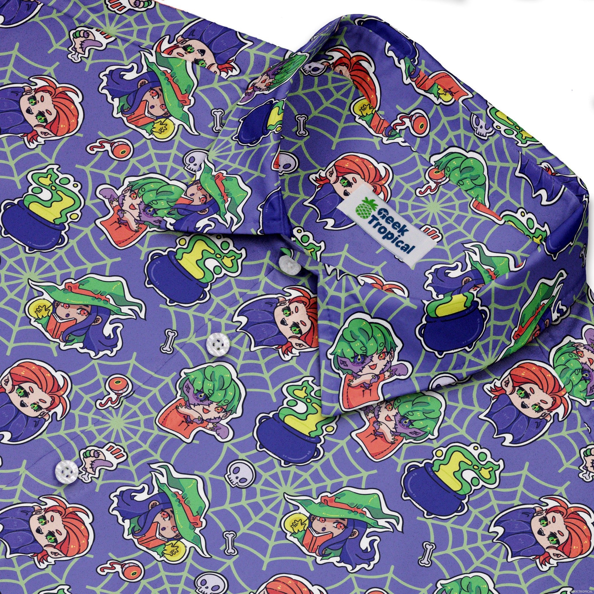 Scary Anime Chibi Stickers Purple Green Button Up Shirt Geek Nerd adult sizing Anime Design by Ardi Tong