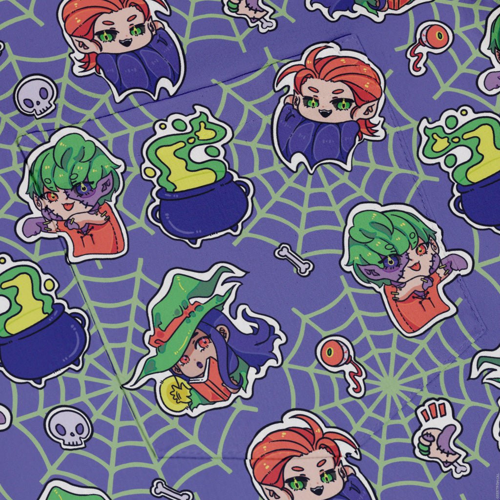 Scary Anime Chibi Stickers Purple Green Button Up Shirt Geek Nerd adult sizing Anime Design by Ardi Tong