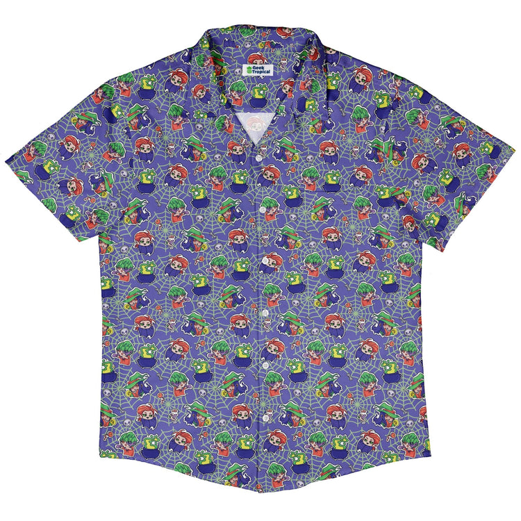 Scary Anime Chibi Stickers Purple Green Button Up Shirt Geek Nerd adult sizing Anime Design by Ardi Tong