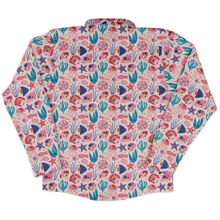Science Cute Marine Biology Pink Long Sleeve Button Up Shirt Geek Nerd adult sizing Animal Patterns FLOW DESC WRITING