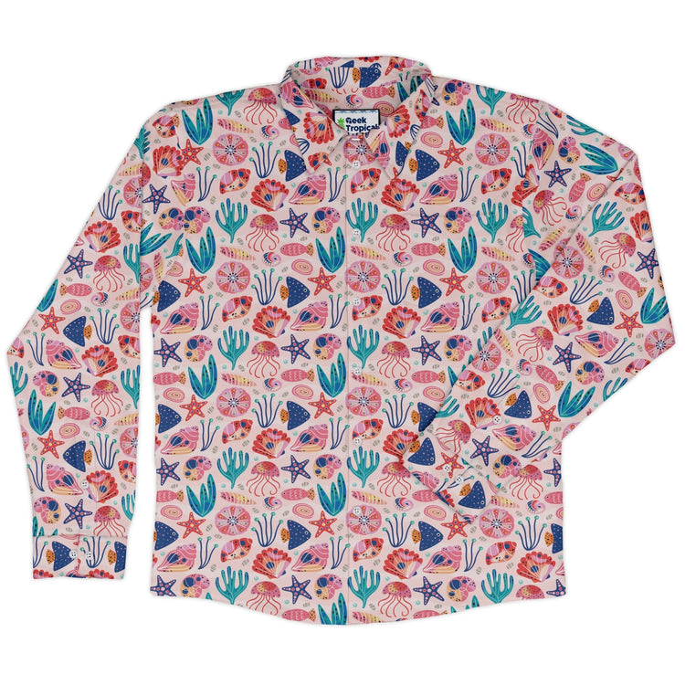 Science Cute Marine Biology Pink Long Sleeve Button Up Shirt Geek Nerd adult sizing Animal Patterns FLOW DESC WRITING