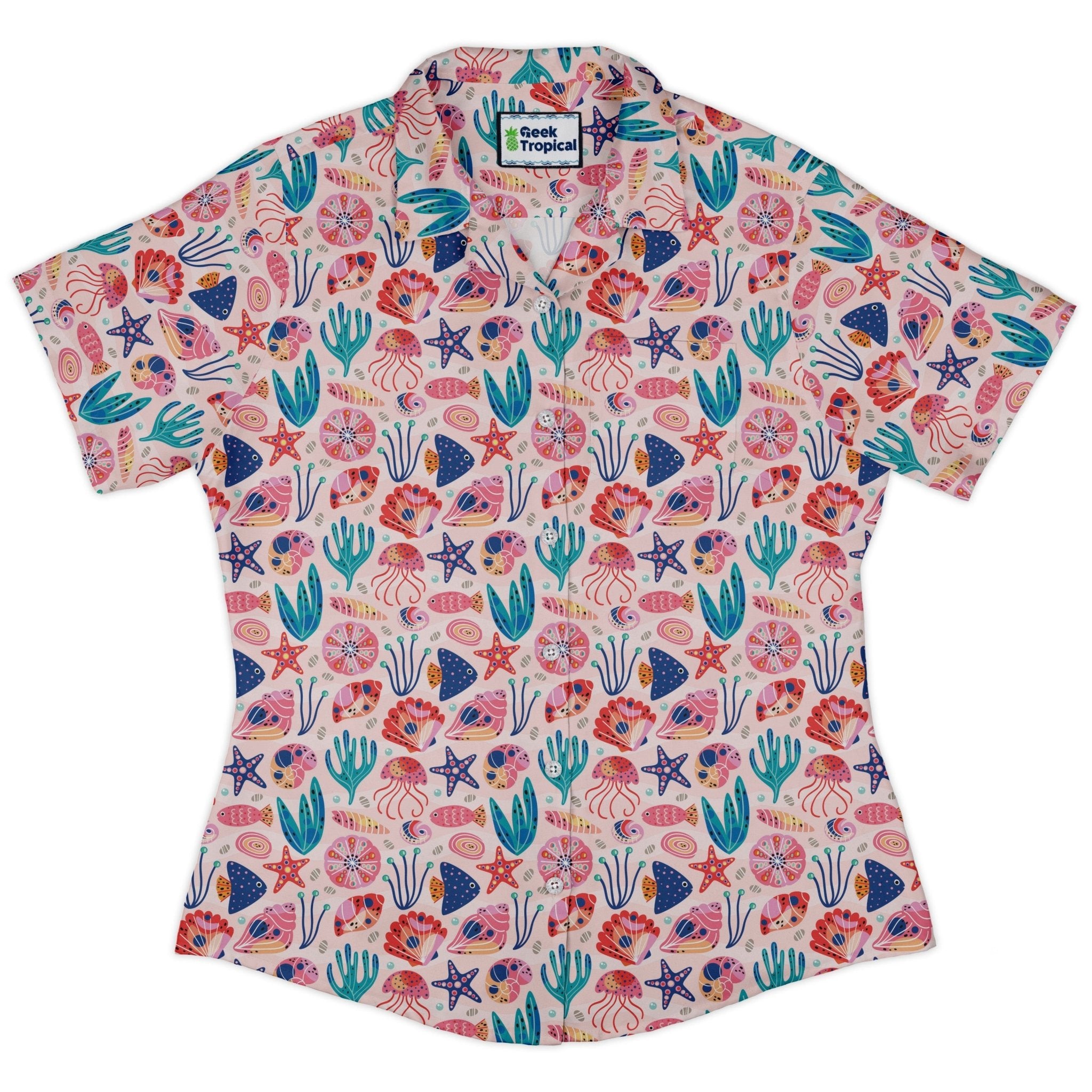 Science Cute Marine Biology Pink Curvy Button Up Shirt Geek Nerd Animal Patterns lifestyle photo science print