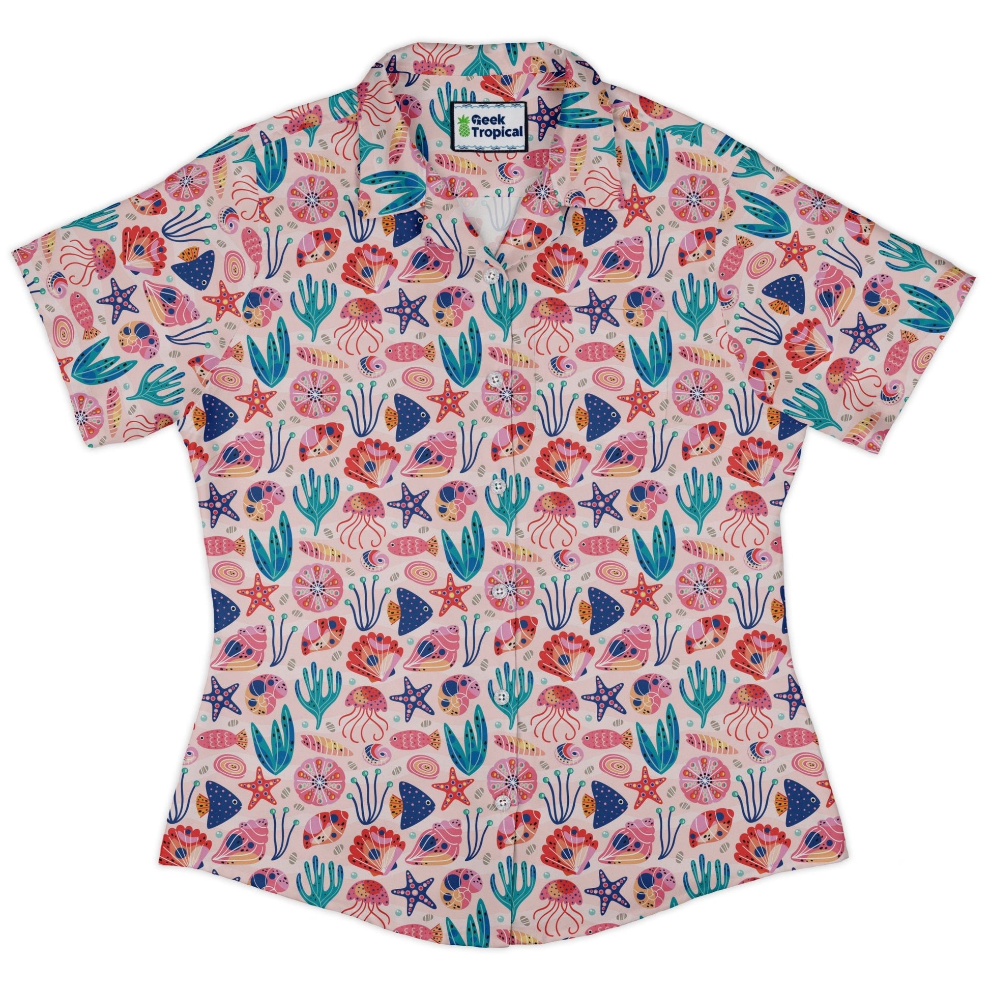 Science Cute Marine Biology Pink Curvy Button Up Shirt Geek Nerd Animal Patterns lifestyle photo science print