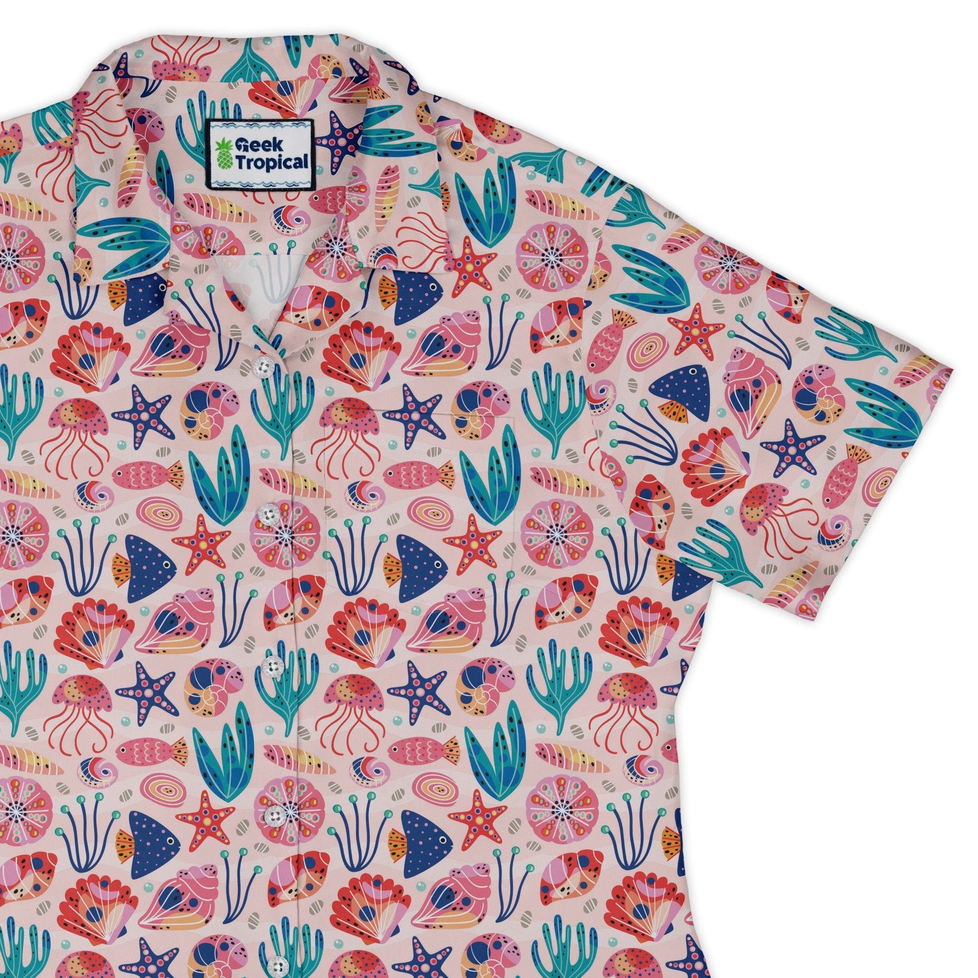 Science Cute Marine Biology Pink Curvy Button Up Shirt Geek Nerd Animal Patterns lifestyle photo science print