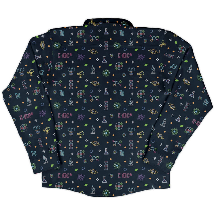 Science DNA Molecules Dark Navy Long Sleeve Button Up Shirt Geek Nerd adult sizing FLOW DESC WRITING science print