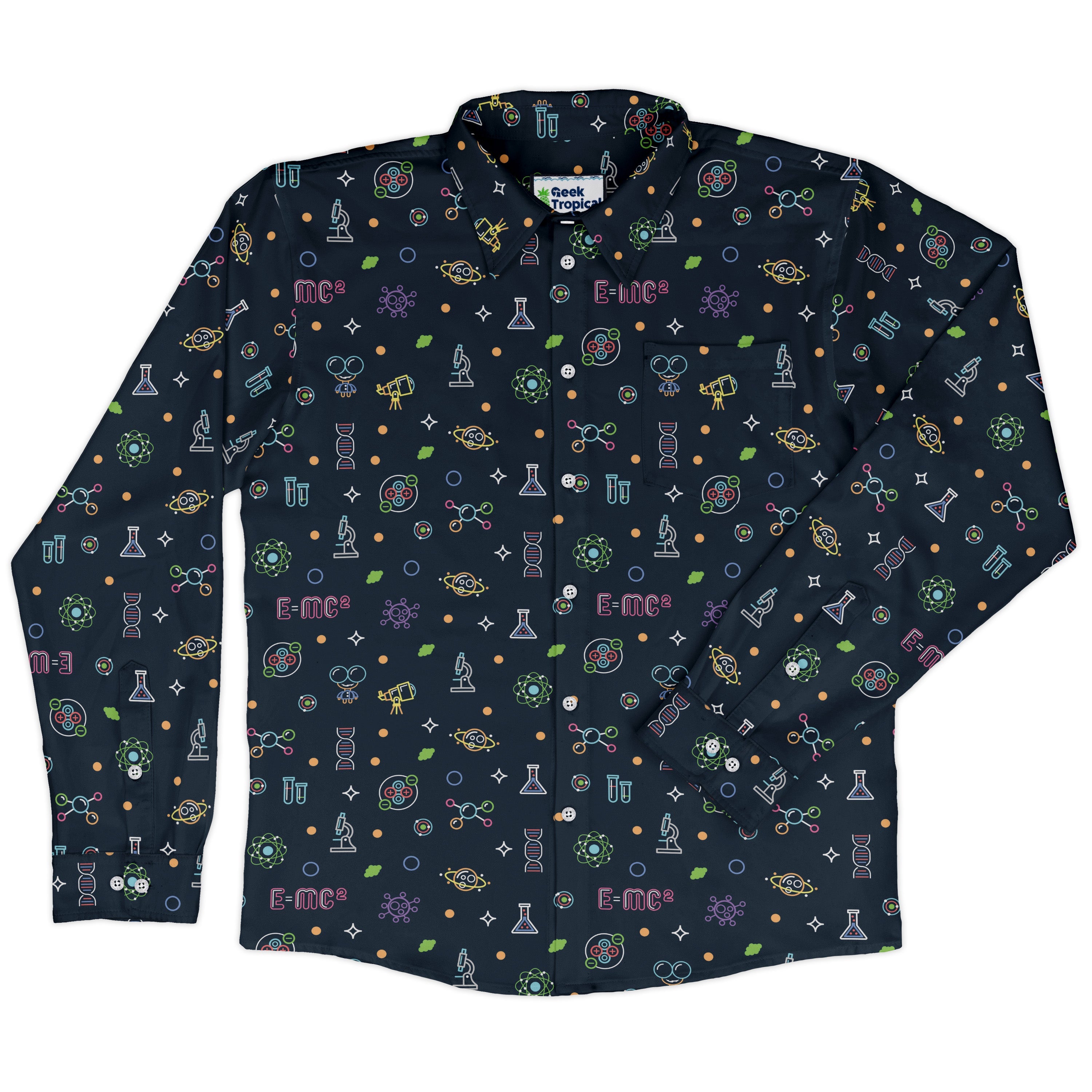 Science DNA Molecules Dark Navy Long Sleeve Button Up Shirt