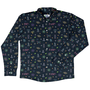 Science DNA Molecules Dark Navy Long Sleeve Button Up Shirt Geek Nerd adult sizing FLOW DESC WRITING science print