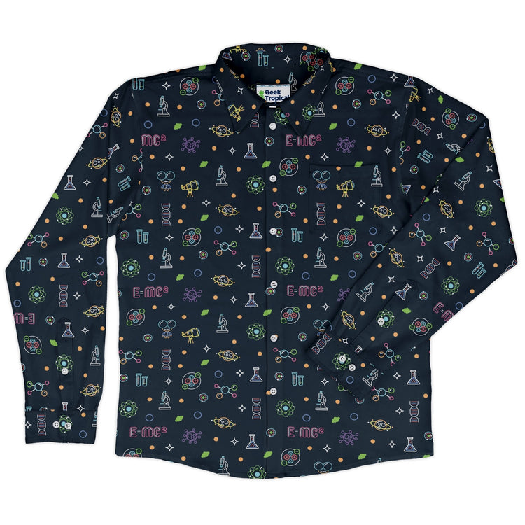 Science DNA Molecules Dark Navy Long Sleeve Button Up Shirt Geek Nerd adult sizing FLOW DESC WRITING science print