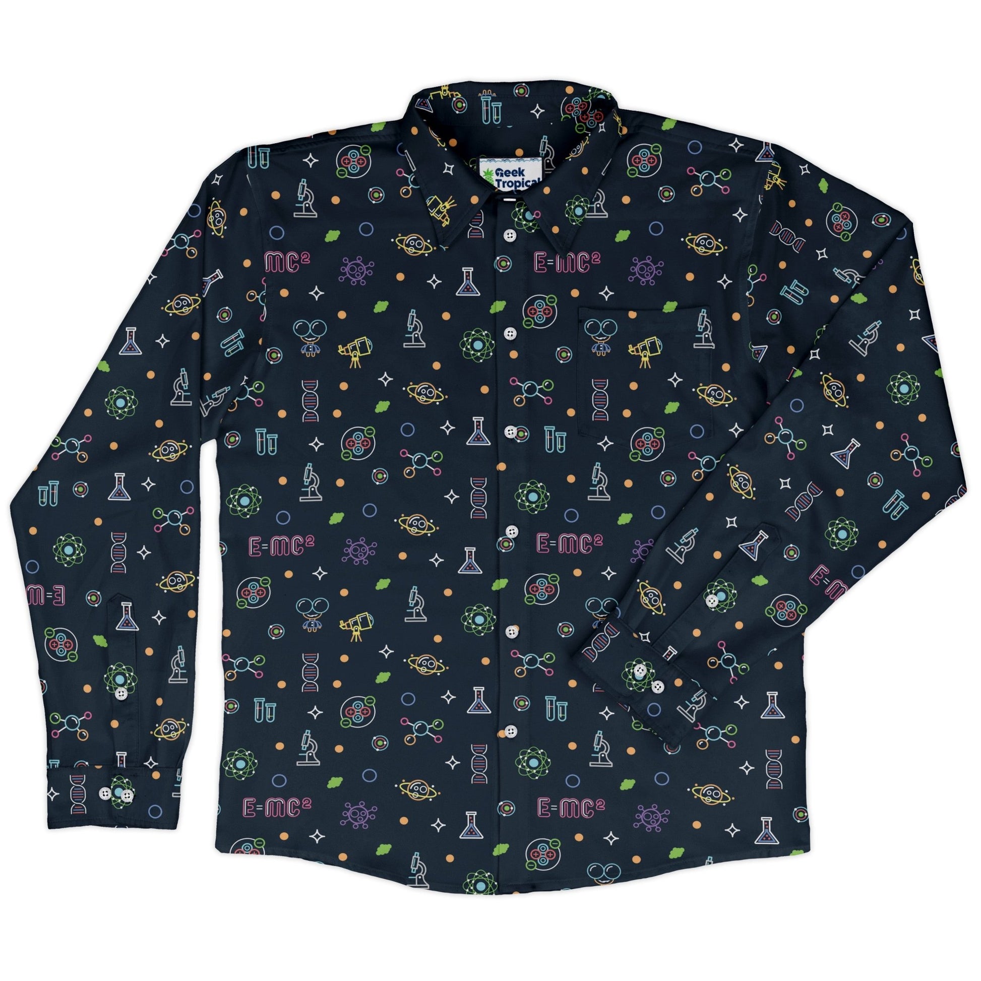 Science DNA Molecules Dark Navy Long Sleeve Button Up Shirt