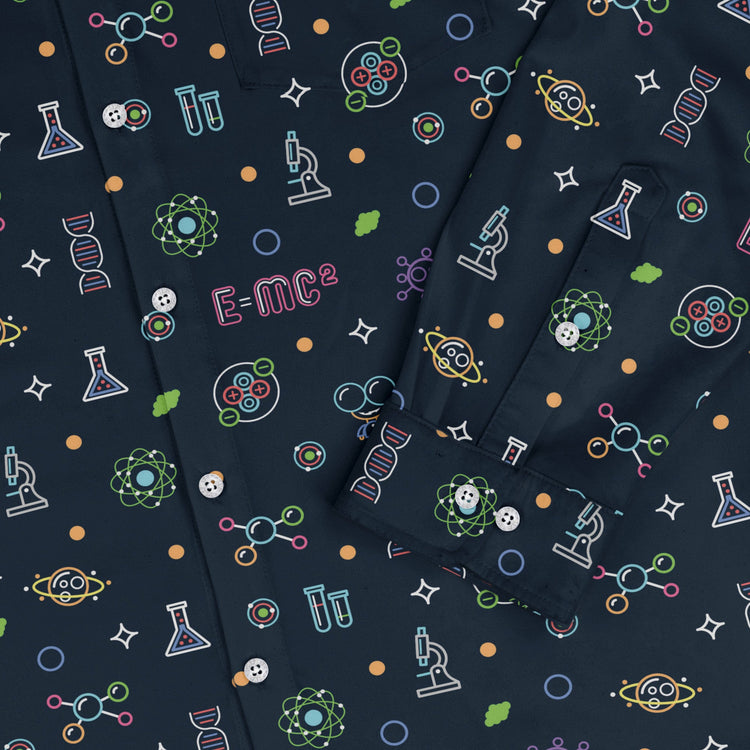 Science DNA Molecules Dark Navy Long Sleeve Button Up Shirt Geek Nerd adult sizing FLOW DESC WRITING science print