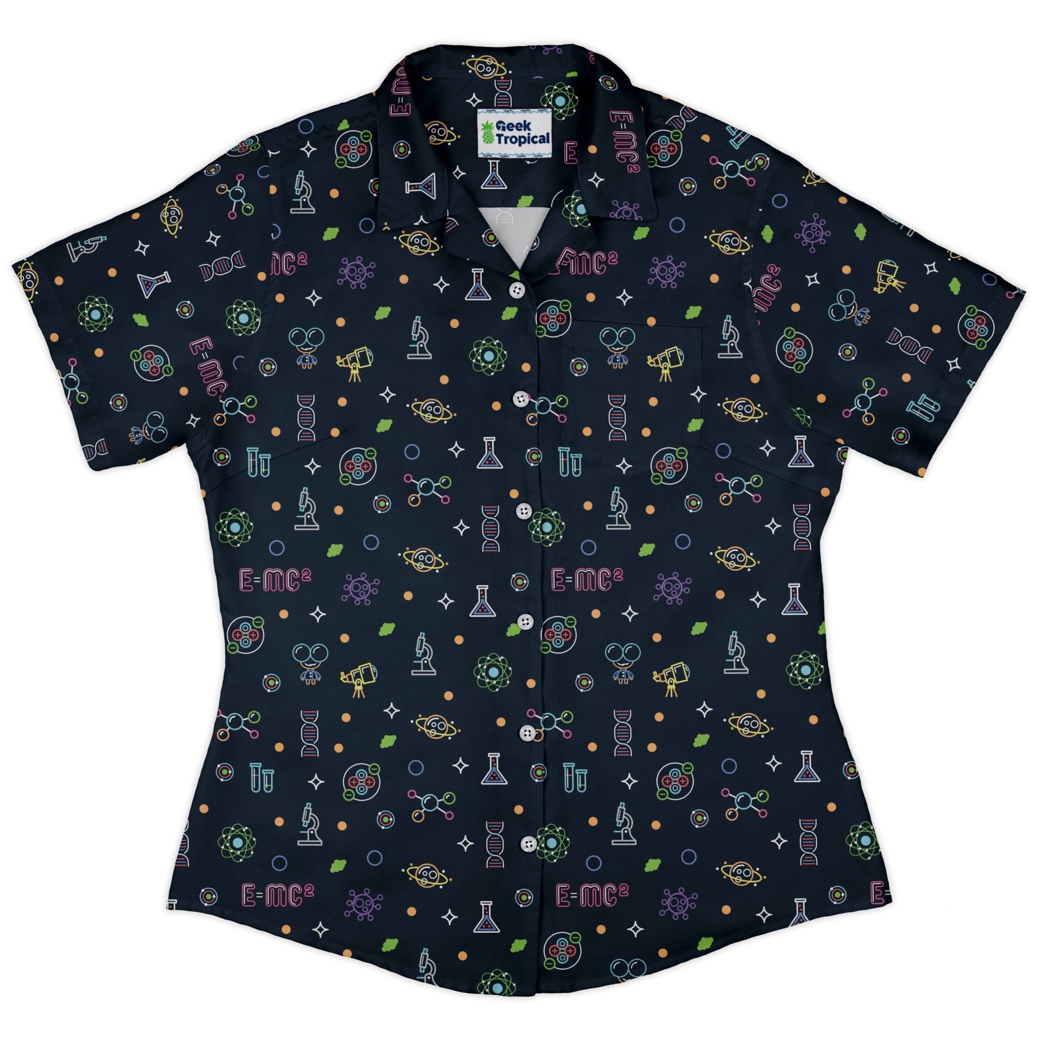 Clearance Ready - to - Ship Science DNA Molecules Dark Navy Curvy Button Up Shirt Geek Nerd Clearance Ready - to - Ship science print