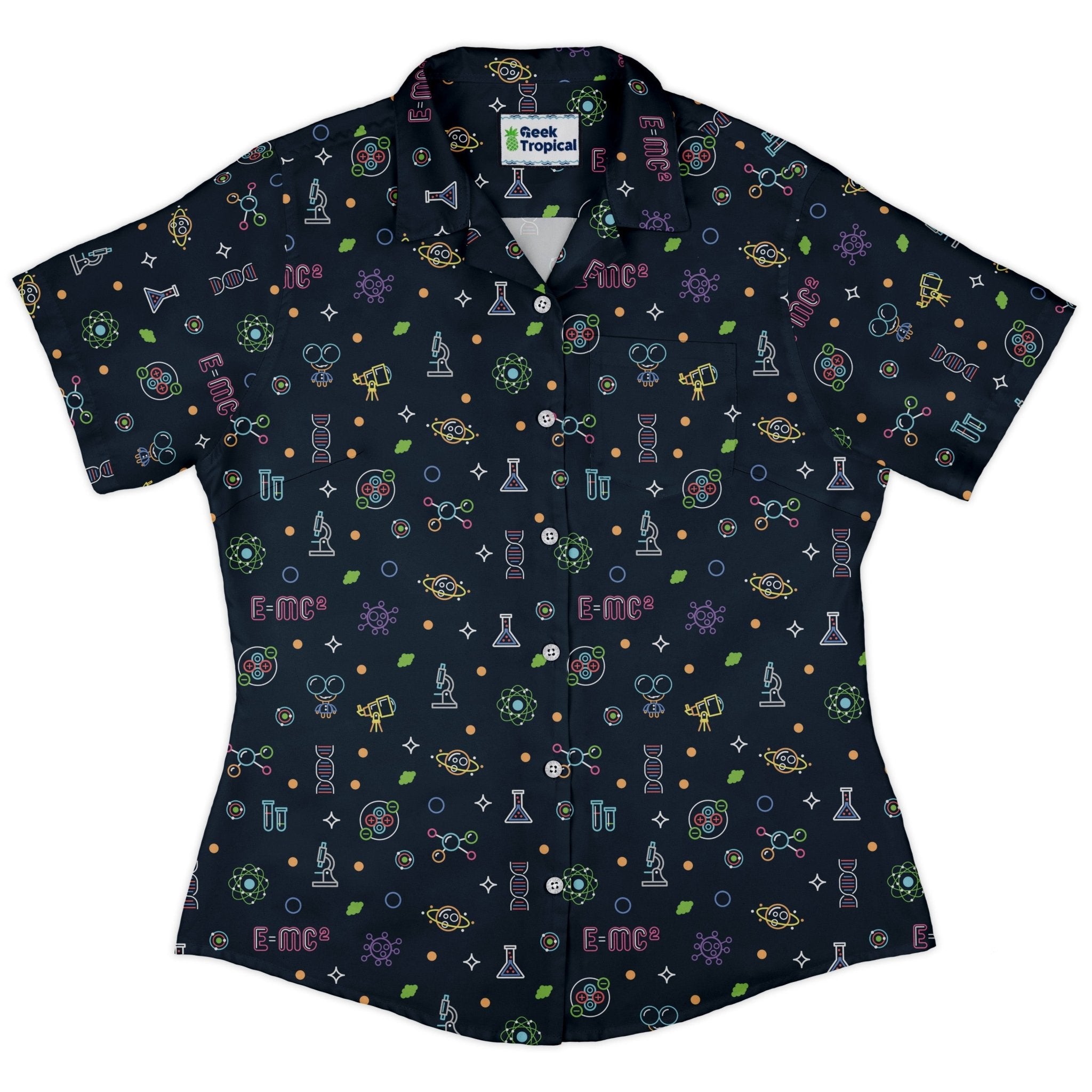 Science DNA Molecules Dark Navy Curvy Button Up Shirt Geek Nerd science print women