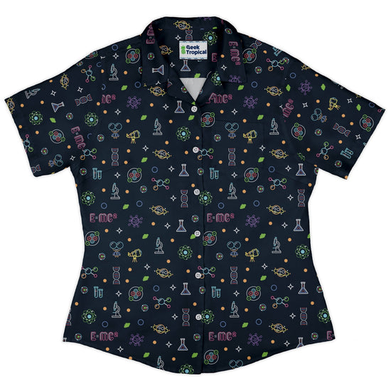 Science DNA Molecules Dark Navy Curvy Button Up Shirt Geek Nerd science print women
