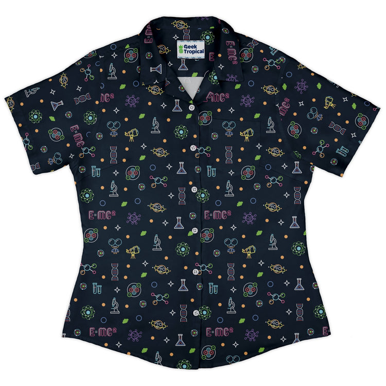 Science DNA Molecules Dark Navy Curvy Button Up Shirt Geek Nerd science print women