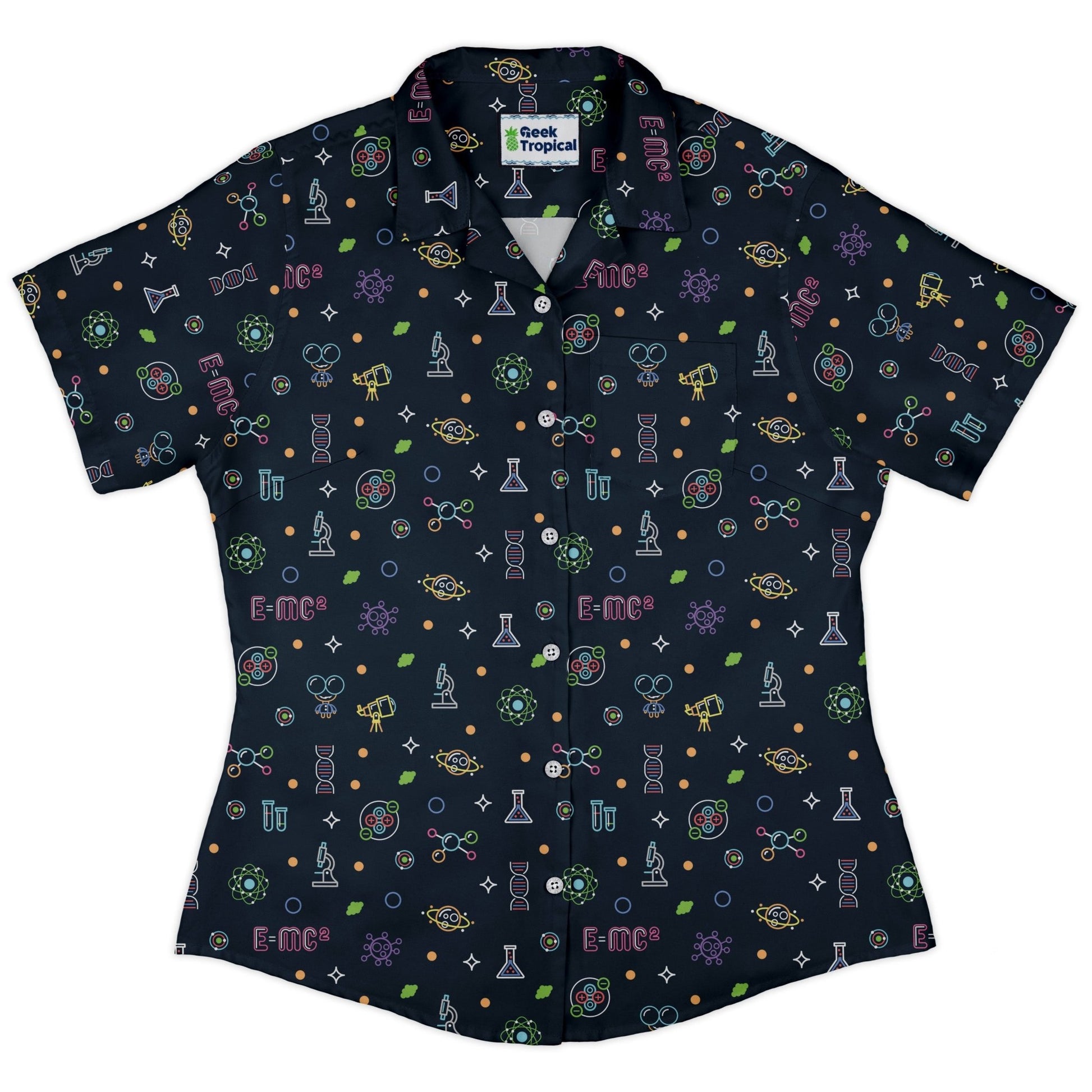 Science DNA Molecules Dark Navy Curvy Button Up Shirt Geek Nerd science print women