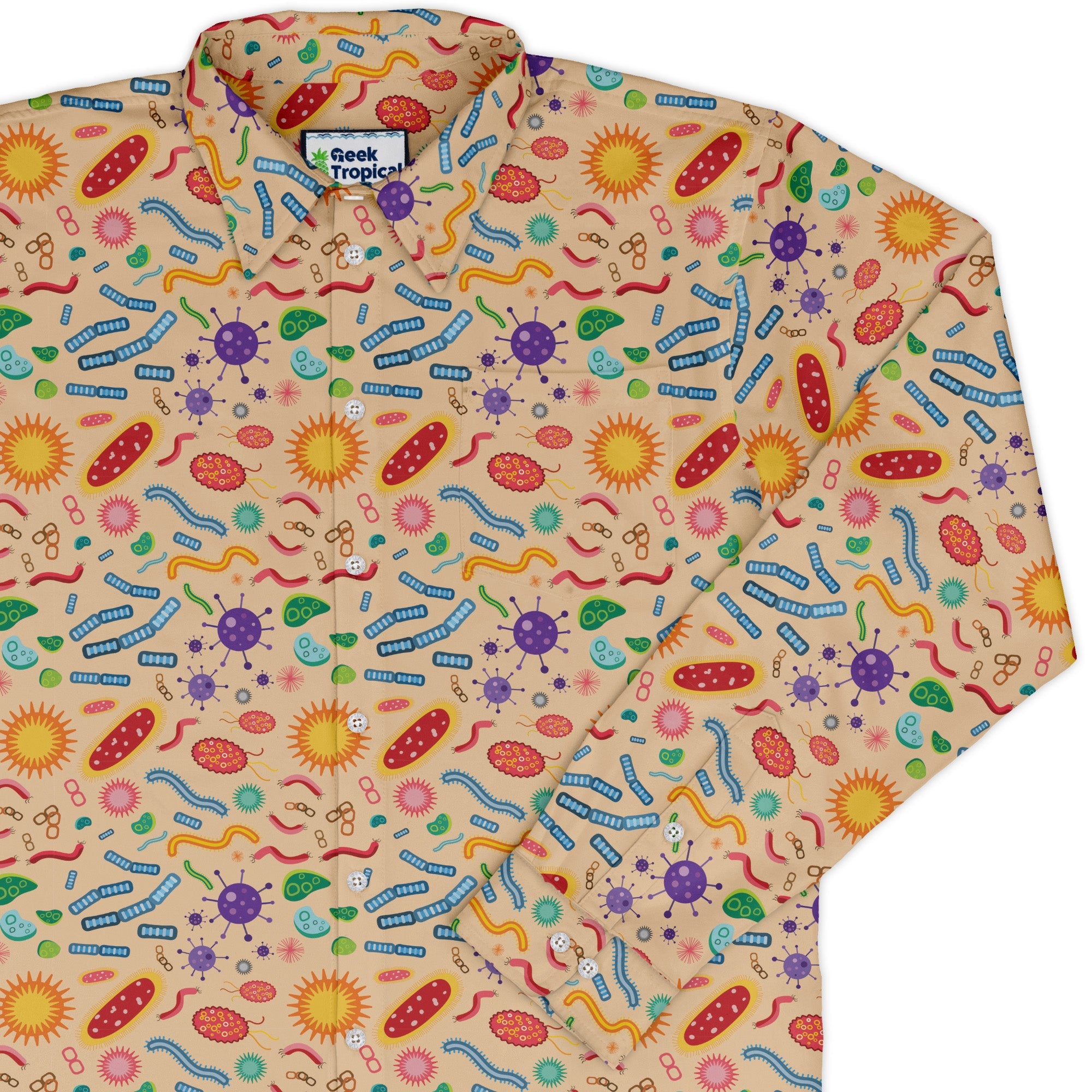Science Detailed Microbes Pink Orange Long Sleeve Button Up Shirt