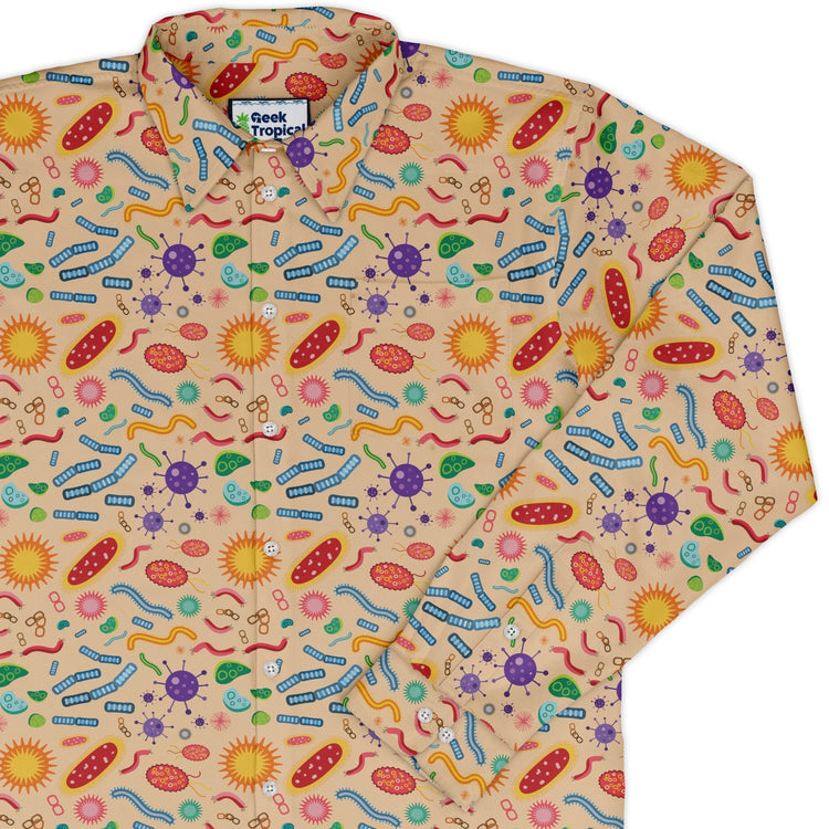 Science Detailed Microbes Pink Orange Long Sleeve Button Up Shirt Geek Nerd adult sizing FLOW DESC WRITING science print