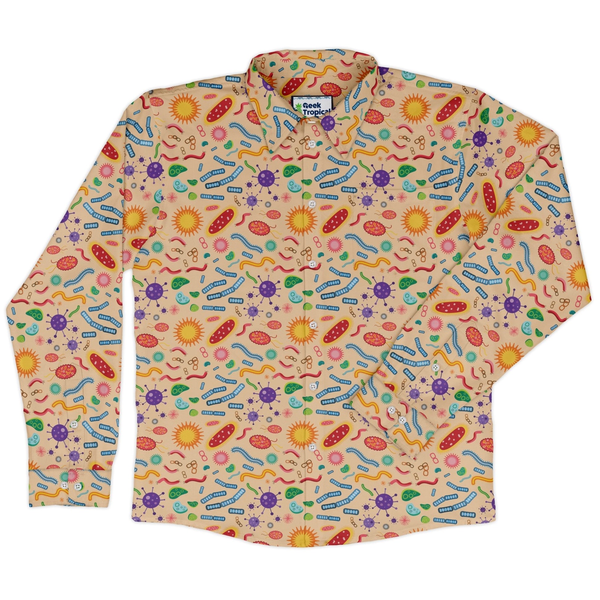Science Detailed Microbes Pink Orange Long Sleeve Button Up Shirt