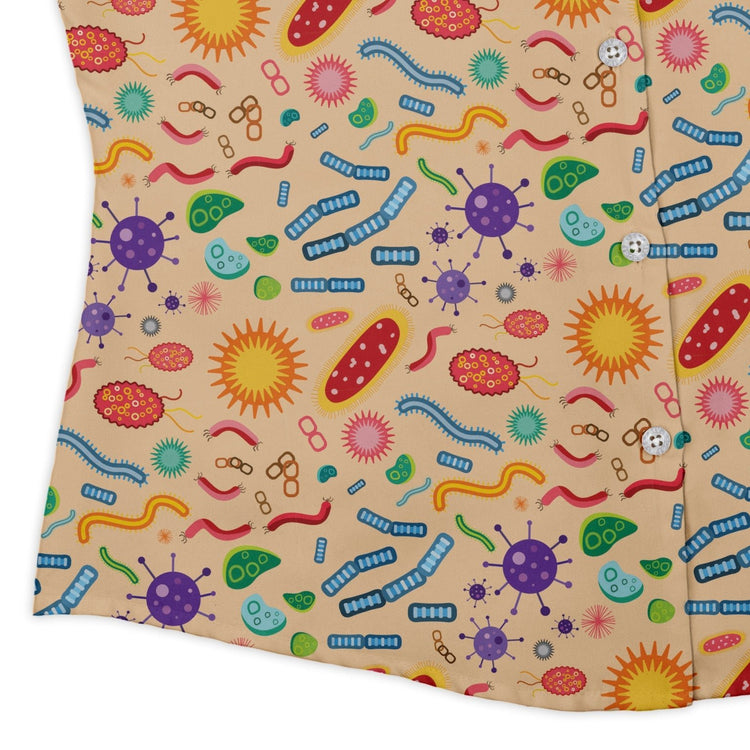 Science Detailed Microbes Pink Orange Curvy Button Up Shirt Geek Nerd science print women