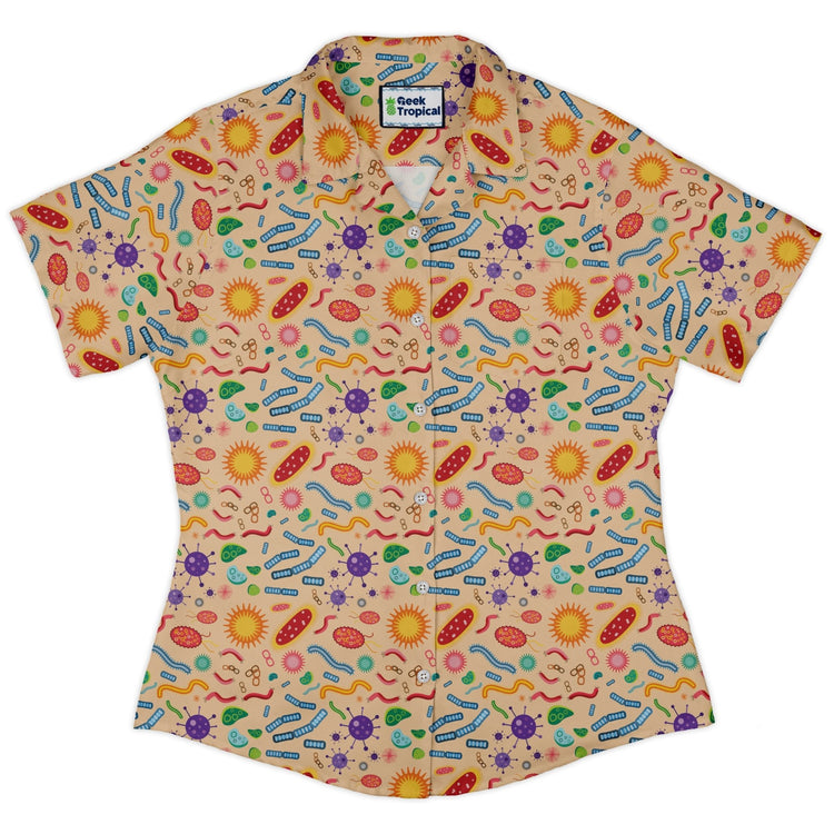 Science Detailed Microbes Pink Orange Curvy Button Up Shirt Geek Nerd science print women