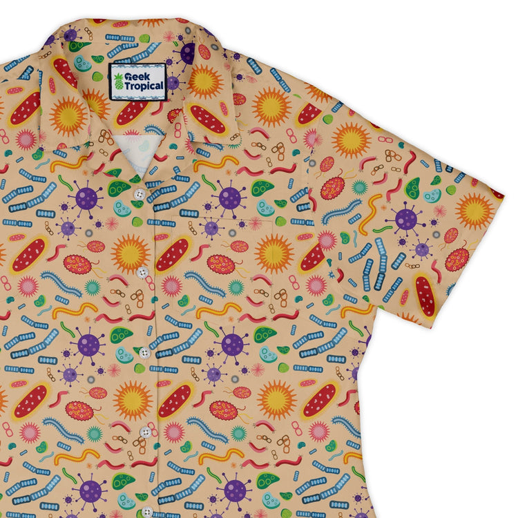Science Detailed Microbes Pink Orange Curvy Button Up Shirt Geek Nerd science print women
