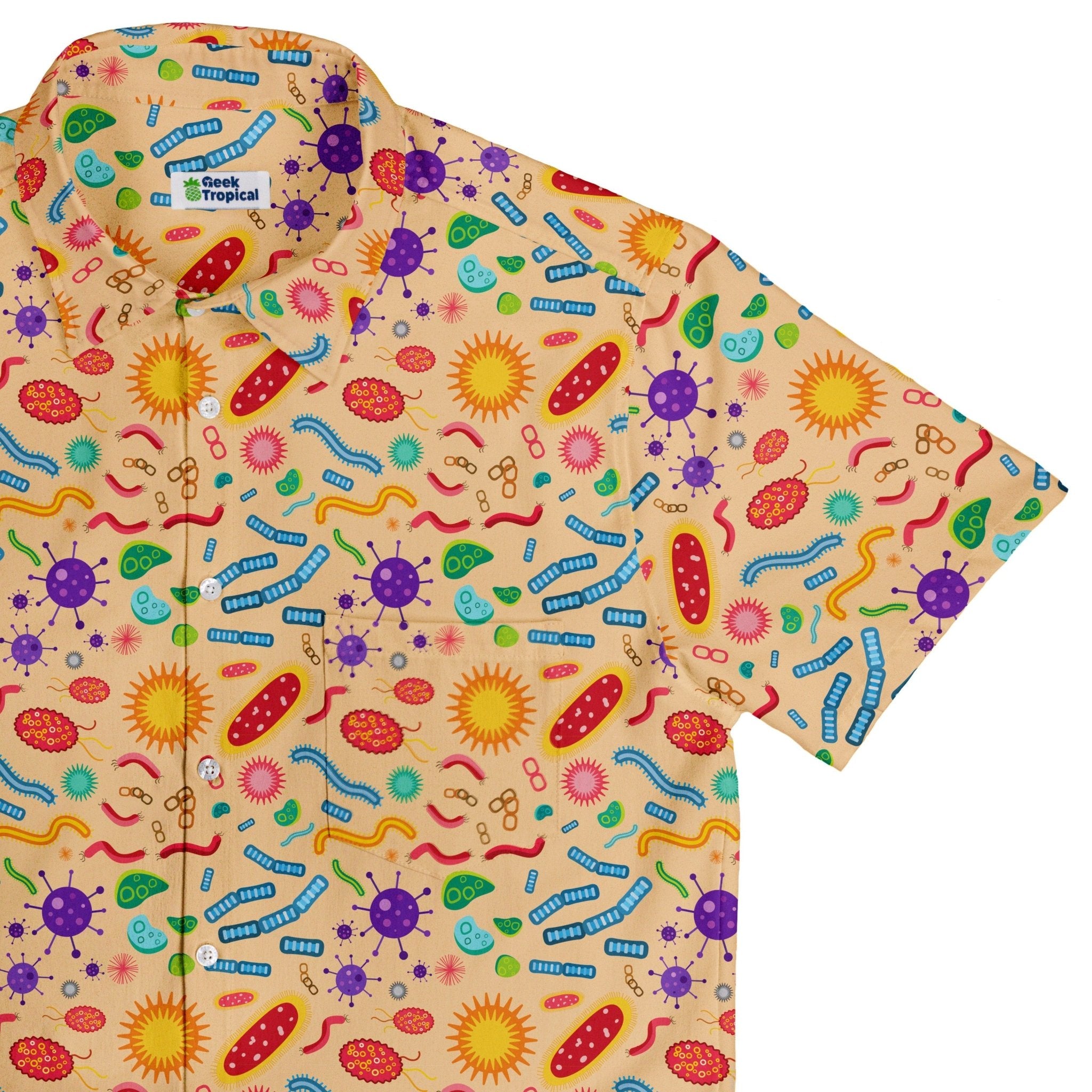 Science Detailed Microbes Pink Orange Button Up Shirt - adult sizing - science print -
