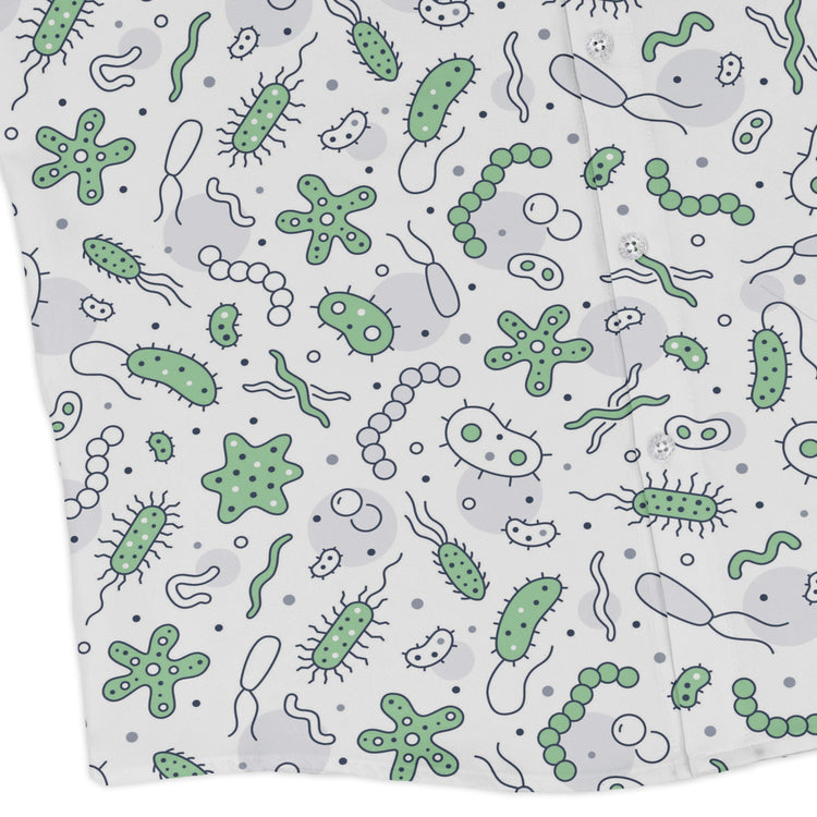 Science Green Microbes White Long Sleeve Button Up Shirt Geek Nerd adult sizing FLOW DESC WRITING science print