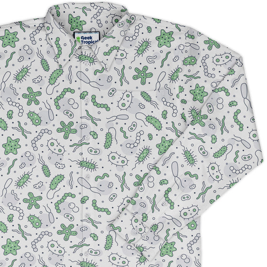 Science Green Microbes White Long Sleeve Button Up Shirt Geek Nerd adult sizing FLOW DESC WRITING science print