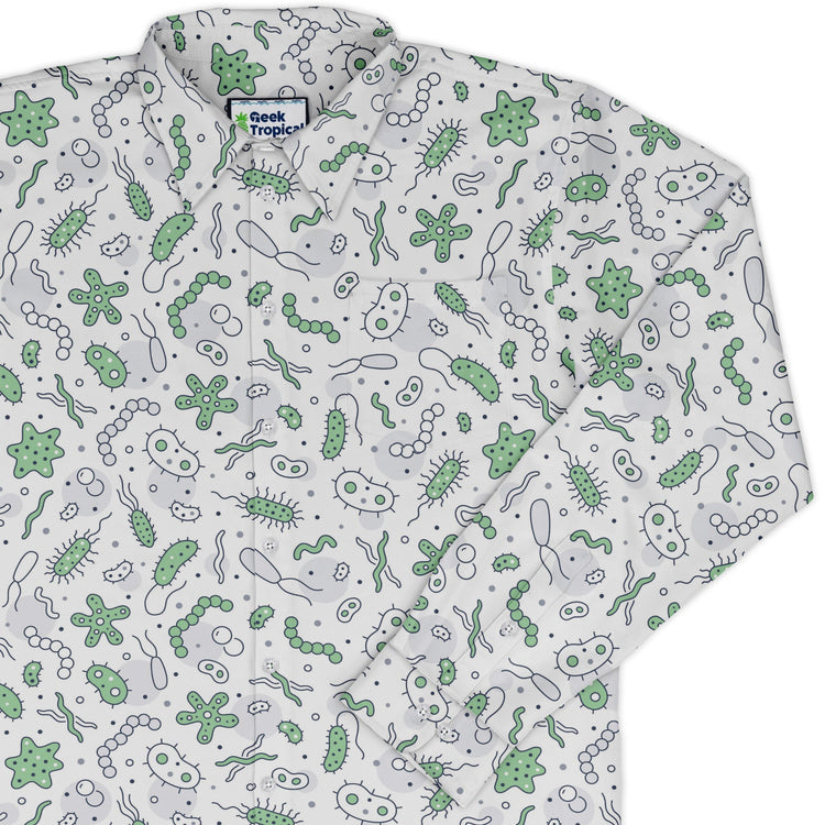 Science Green Microbes White Long Sleeve Button Up Shirt Geek Nerd adult sizing FLOW DESC WRITING science print