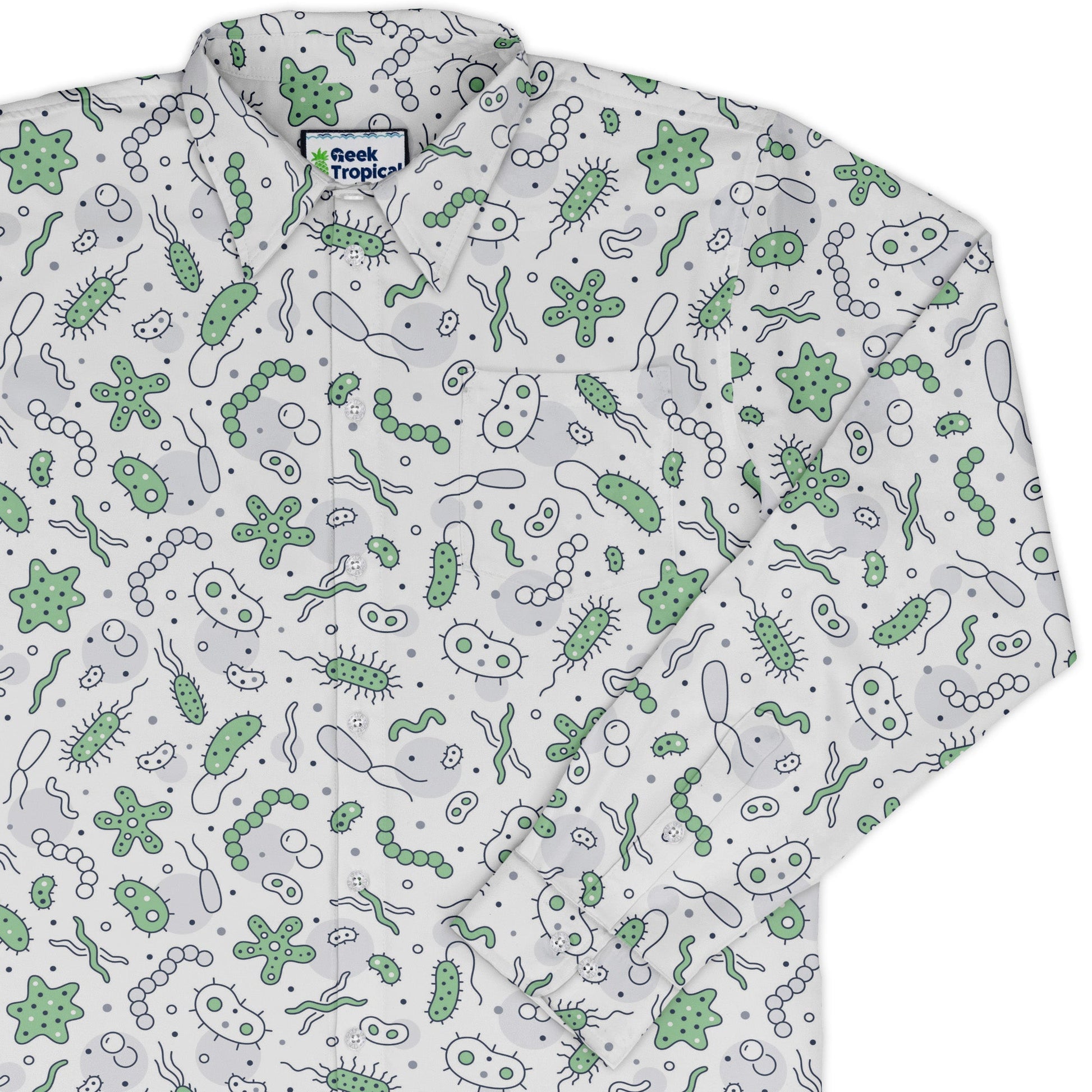 Science Green Microbes White Long Sleeve Button Up Shirt