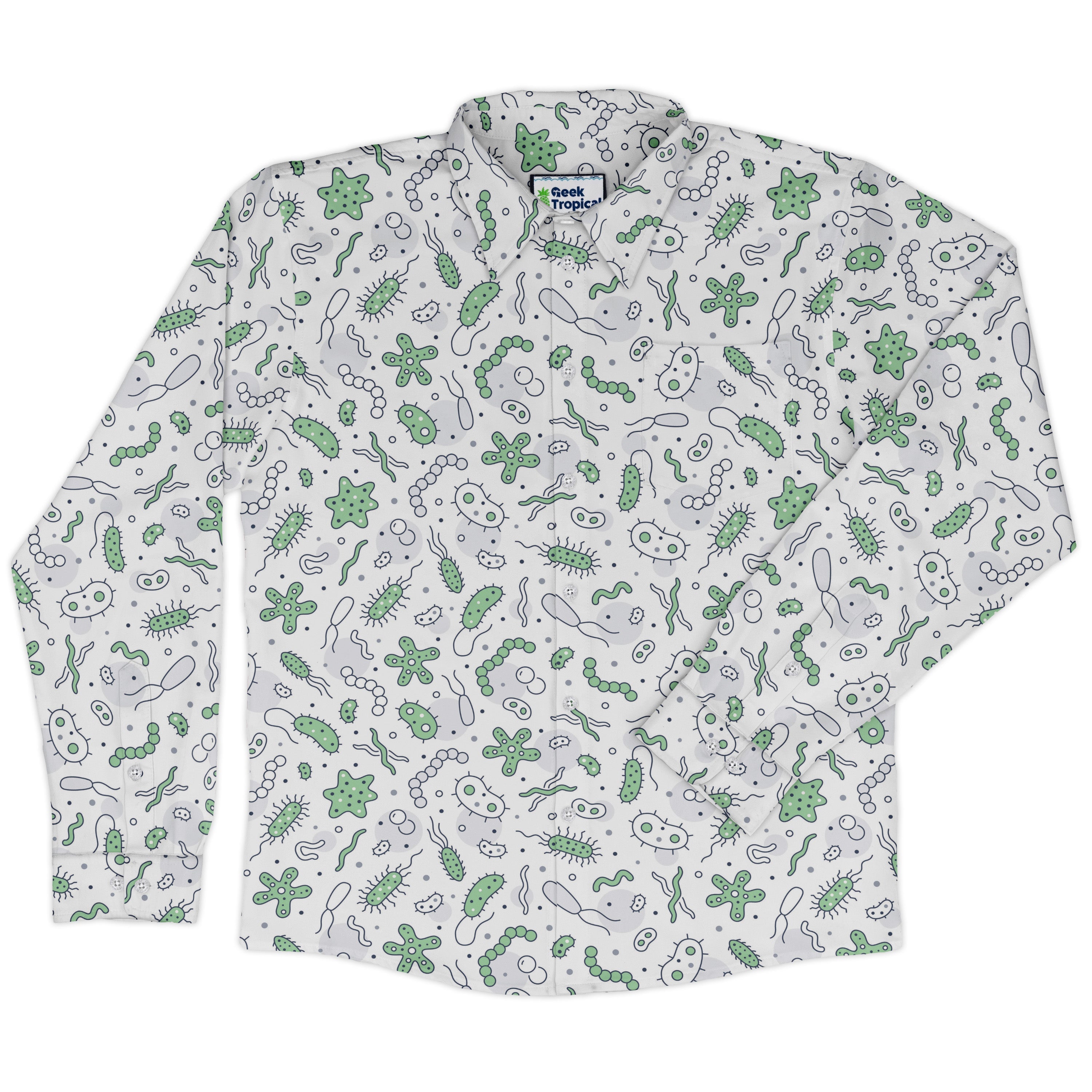 Science Green Microbes White Long Sleeve Button Up Shirt