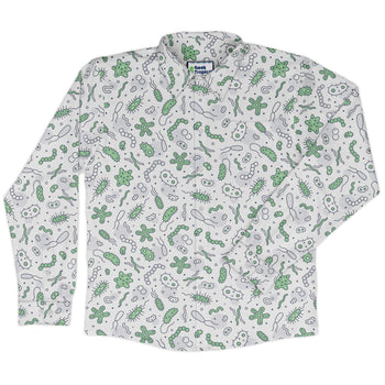 Science Green Microbes White Long Sleeve Button Up Shirt Geek Nerd adult sizing FLOW DESC WRITING science print