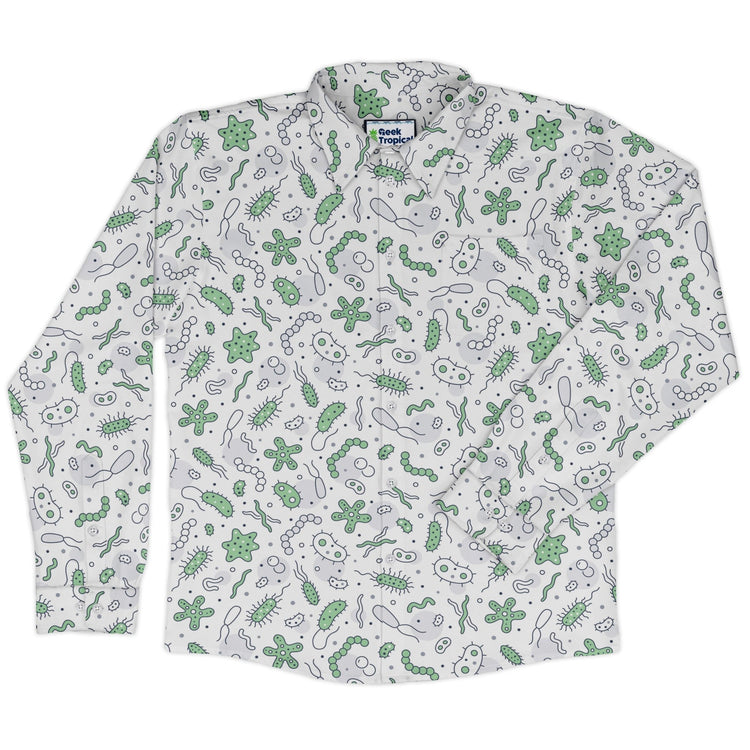 Science Green Microbes White Long Sleeve Button Up Shirt Geek Nerd adult sizing FLOW DESC WRITING science print