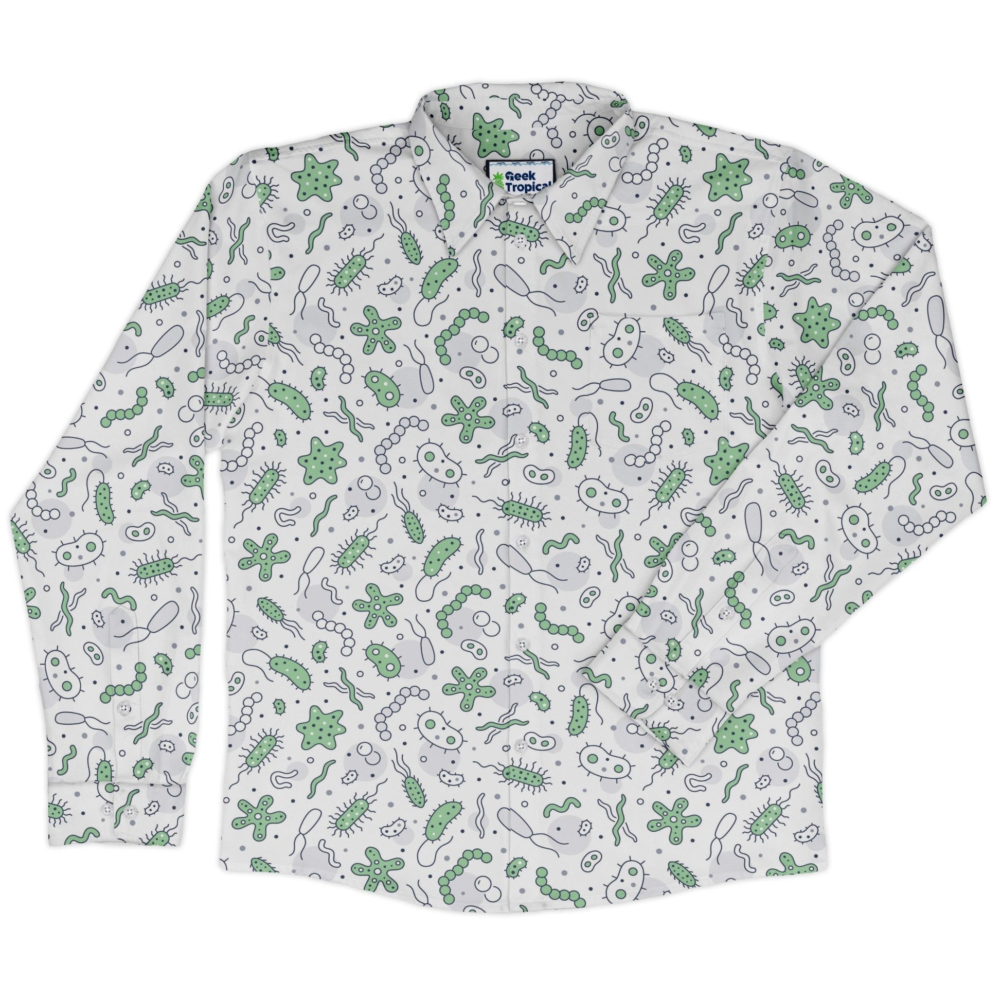 Science Green Microbes White Long Sleeve Button Up Shirt