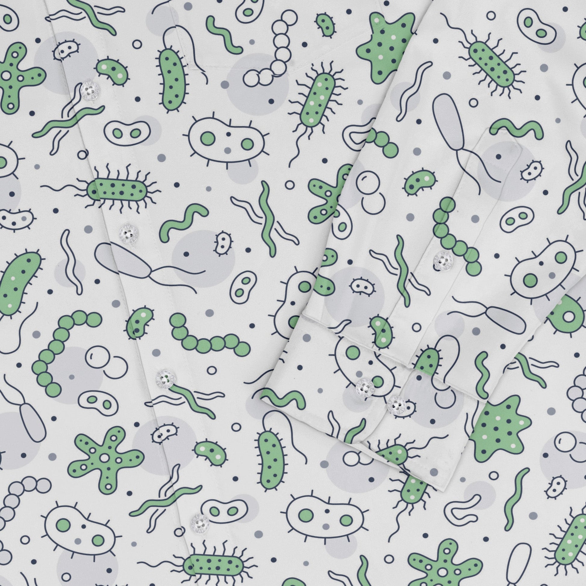 Science Green Microbes White Long Sleeve Button Up Shirt