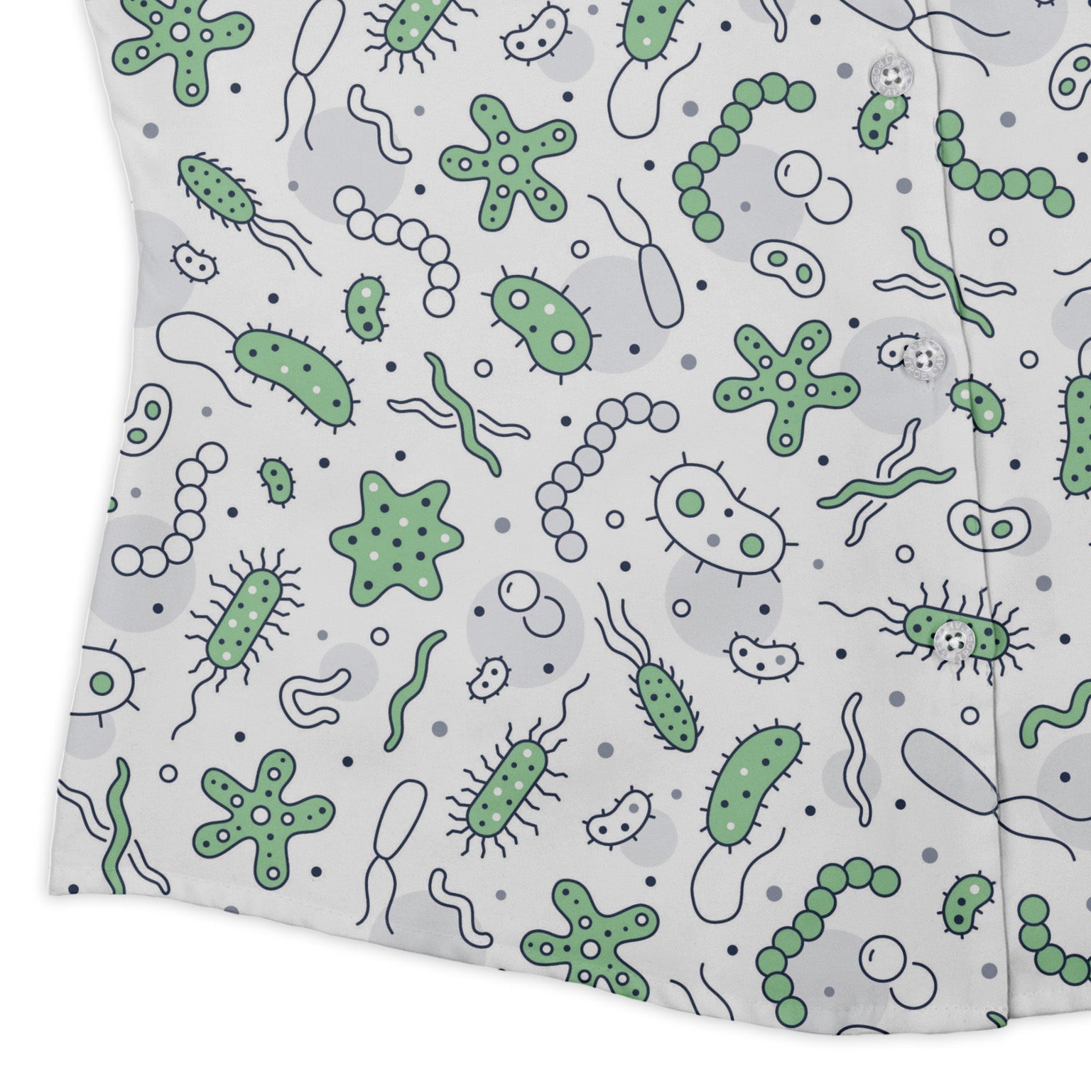 Science Green Microbes White Curvy Button Up Shirt Geek Nerd science print women
