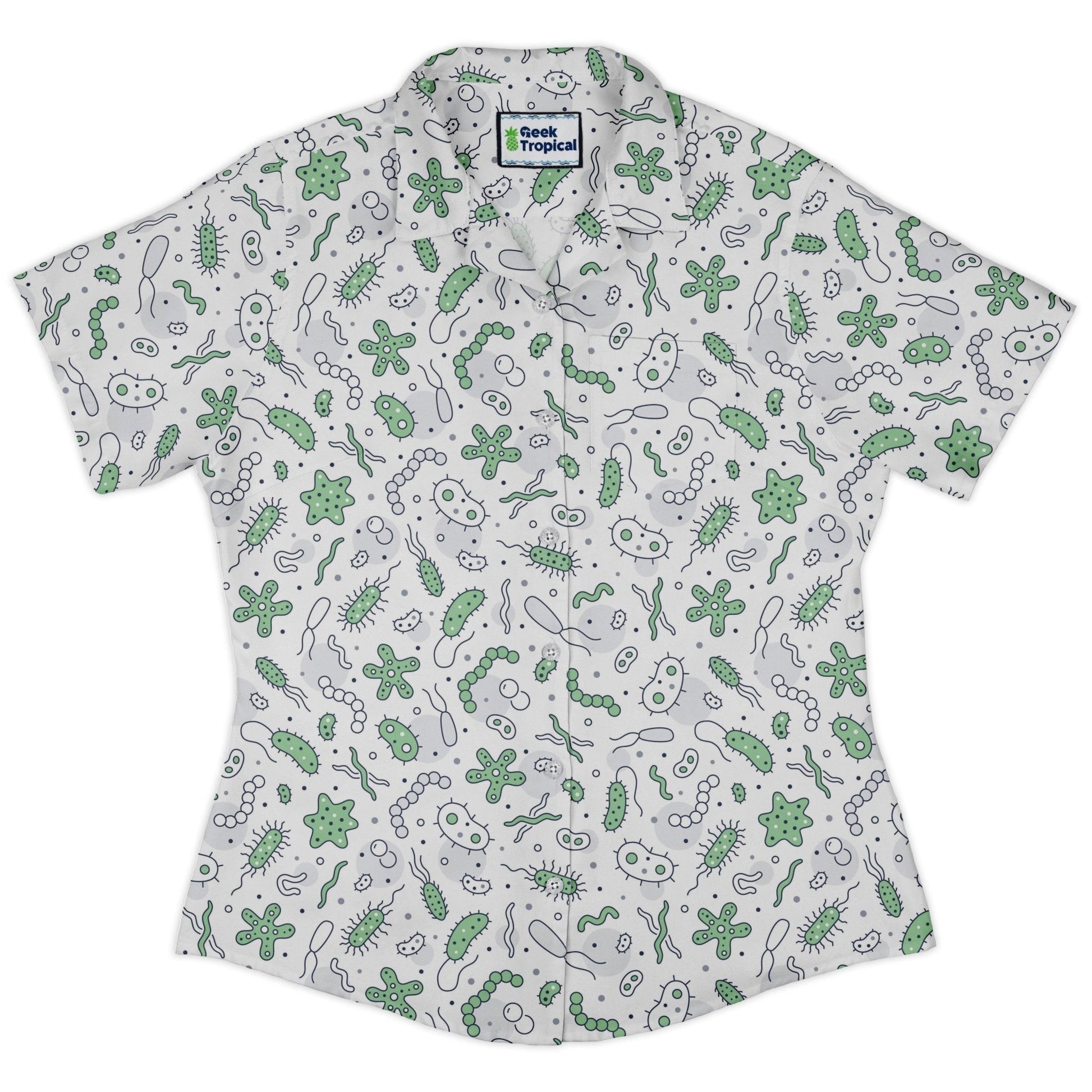 Clearance Ready - to - Ship Science Green Microbes White Curvy Button Up Shirt Geek Nerd Clearance Ready - to - Ship science print