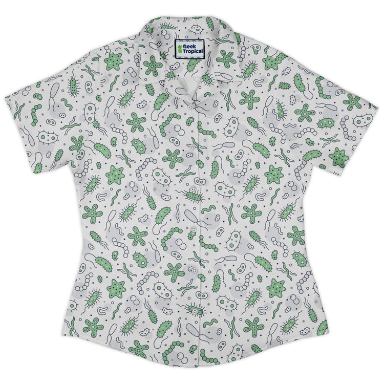 Science Green Microbes White Curvy Button Up Shirt Geek Nerd science print women