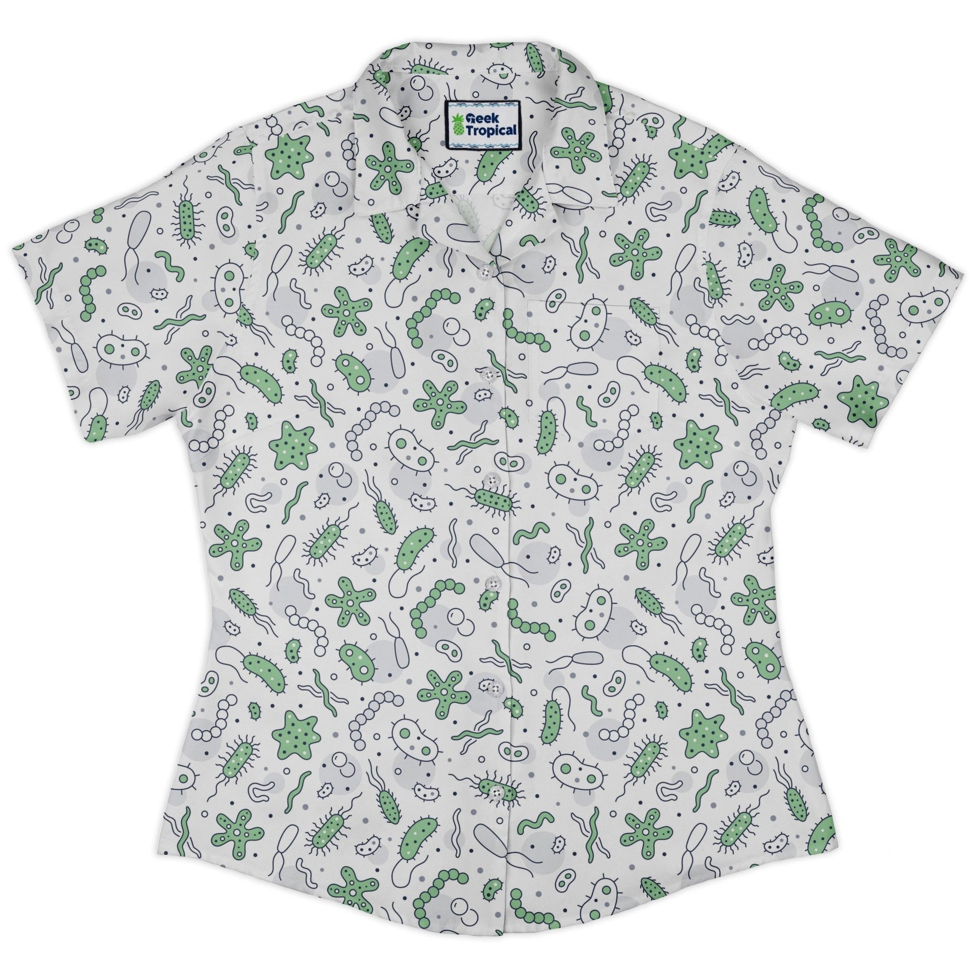 Science Green Microbes White Curvy Button Up Shirt Geek Nerd science print women