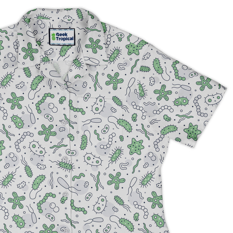 Science Green Microbes White Curvy Button Up Shirt Geek Nerd science print women