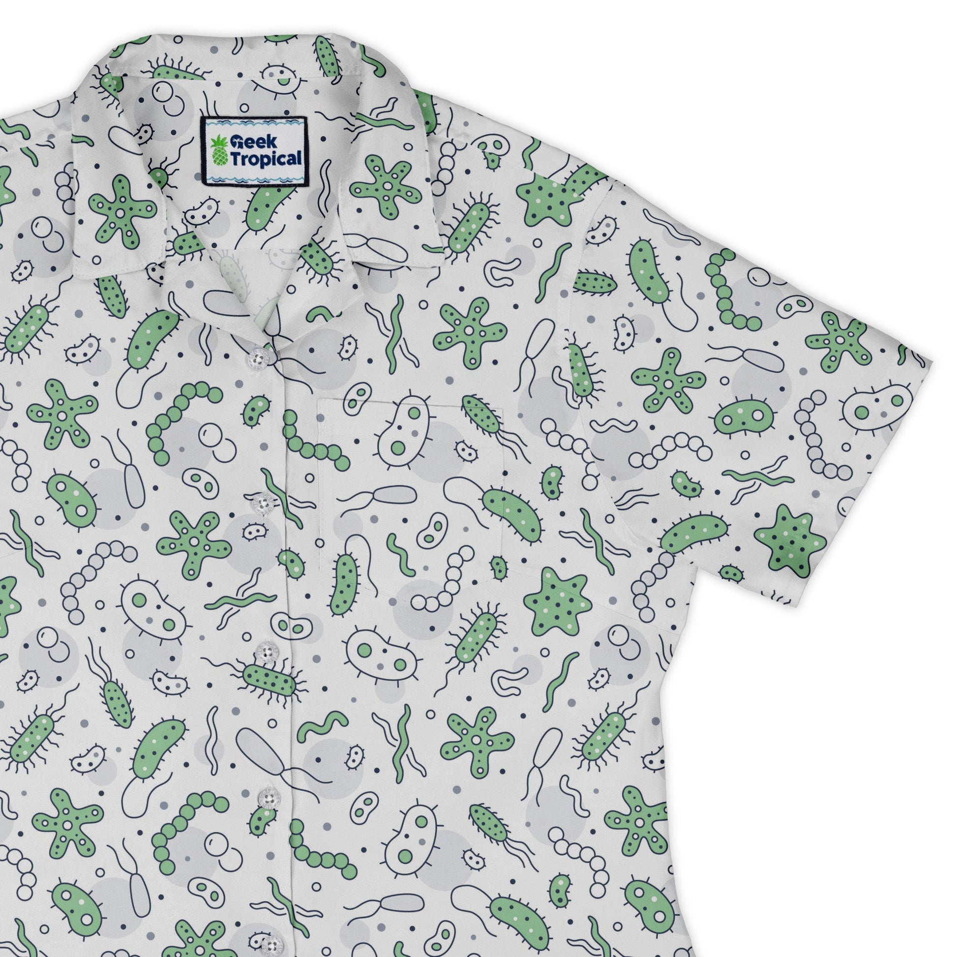 Science Green Microbes White Curvy Button Up Shirt Geek Nerd science print women