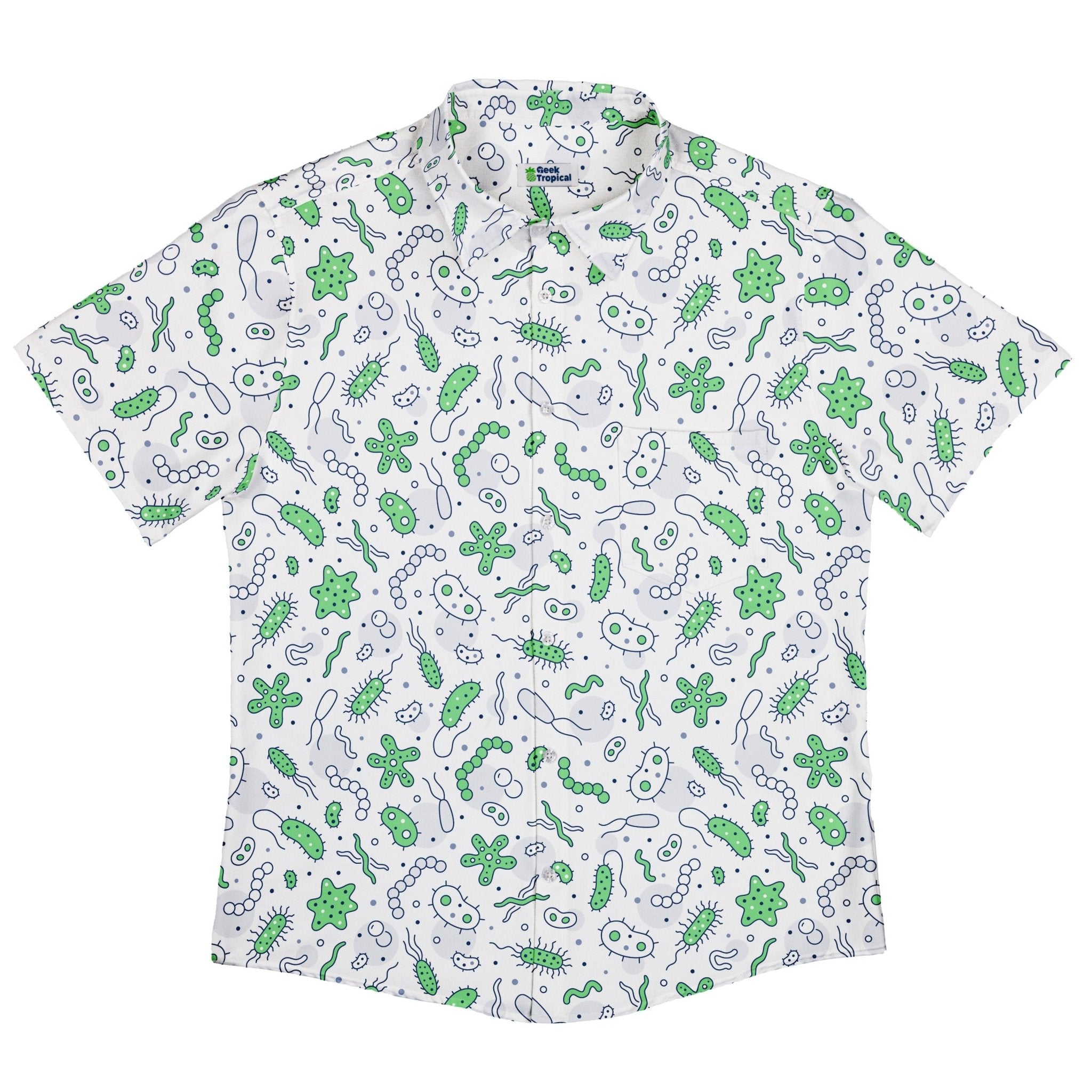 Science Green Microbes White Button Up Shirt - adult sizing - science print -