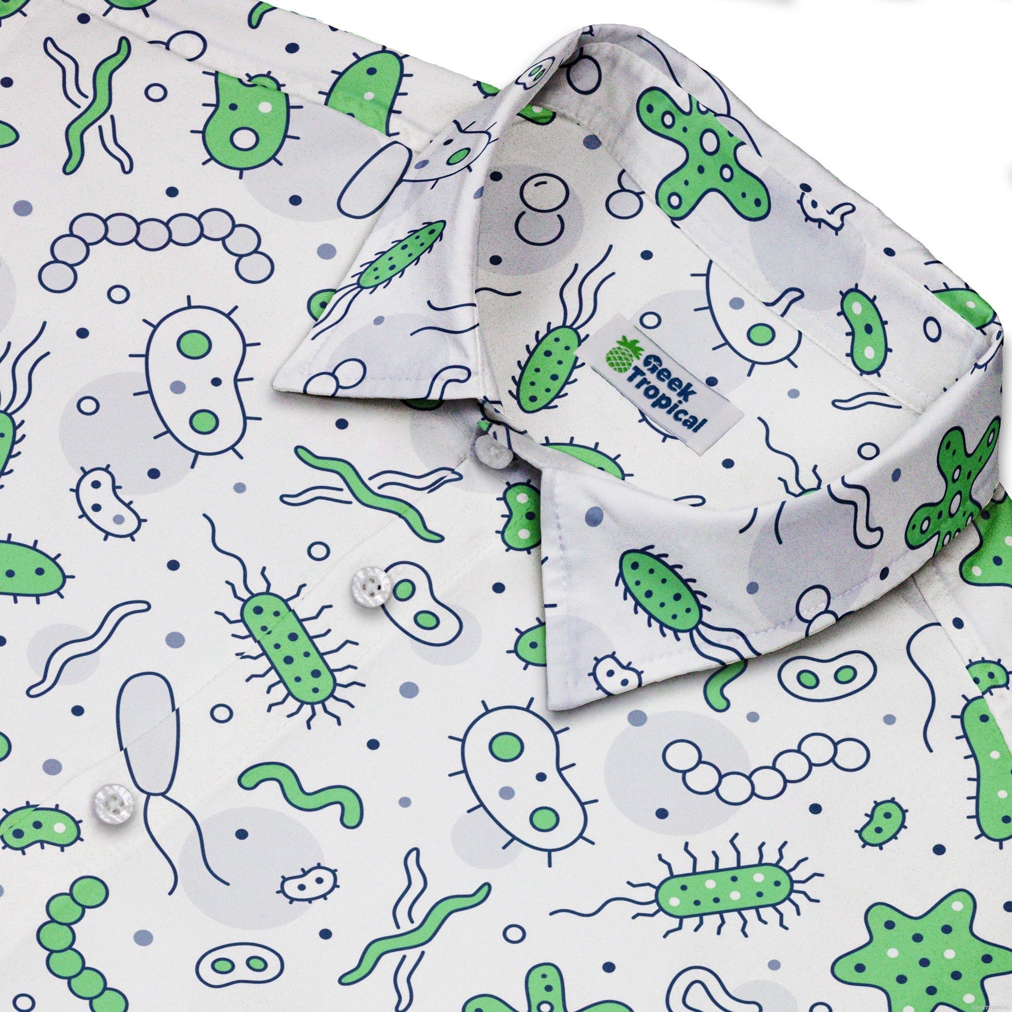 Science Green Microbes White Button Up Shirt - adult sizing - science print -
