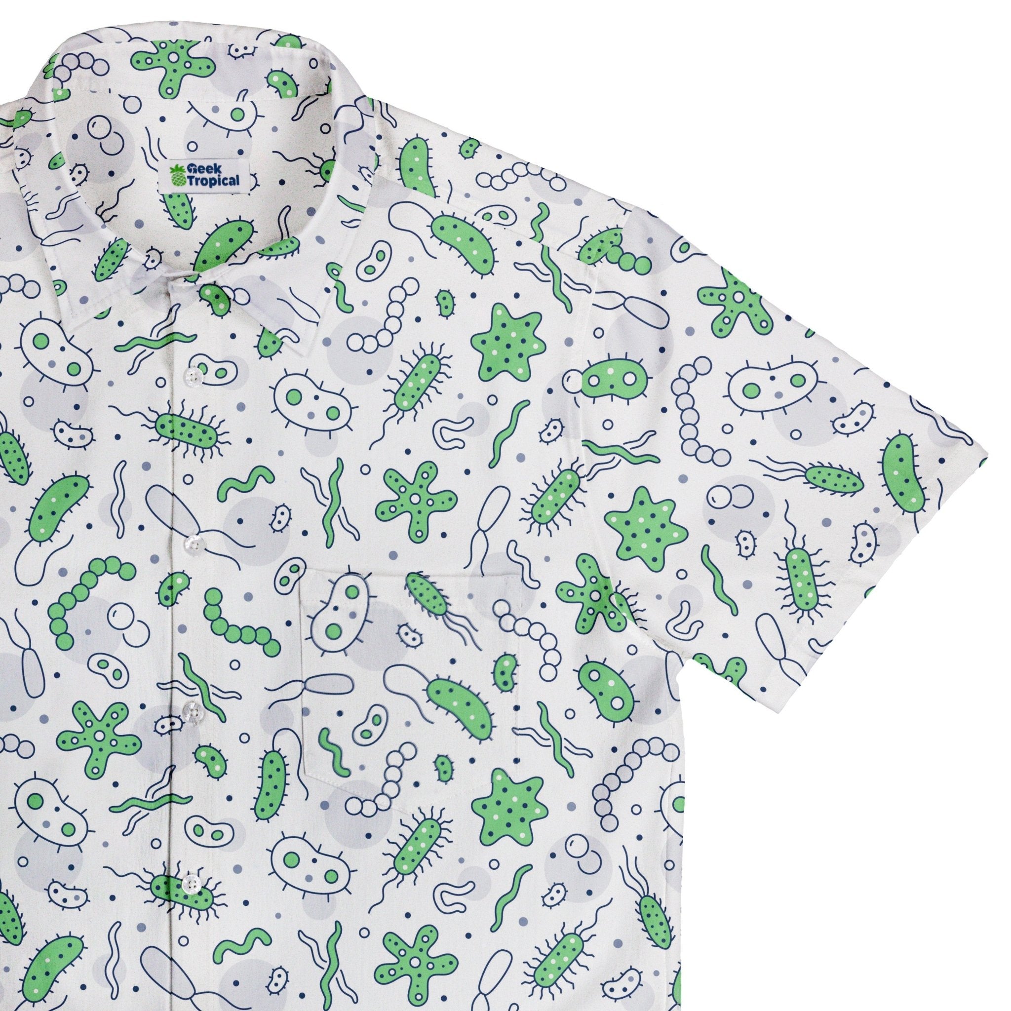 Science Green Microbes White Button Up Shirt - adult sizing - science print -