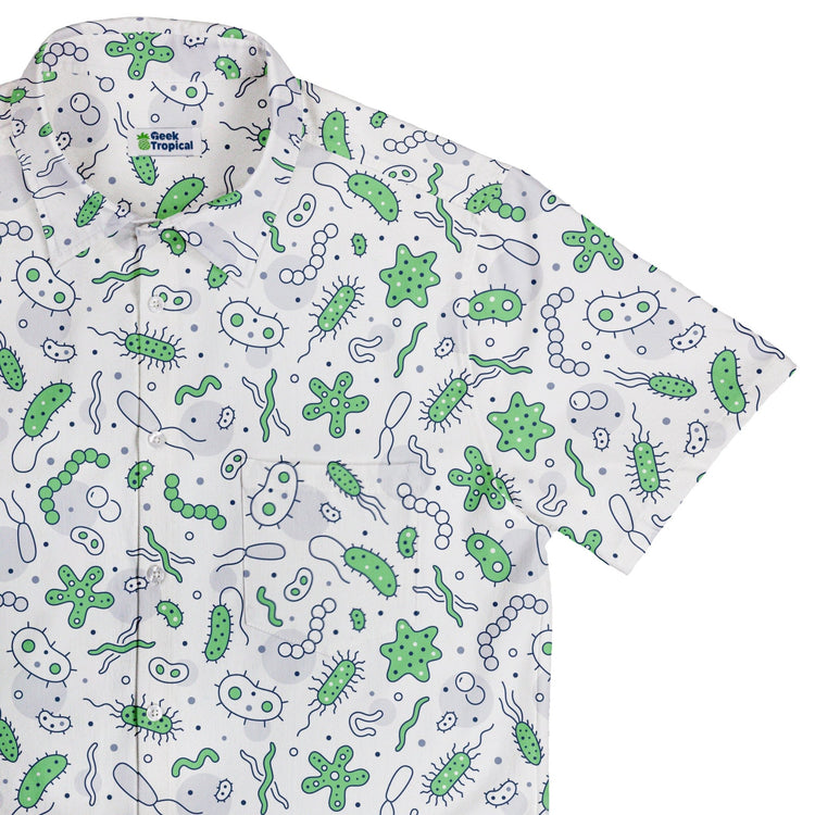 Science Green Microbes White Button Up Shirt - adult sizing - science print -