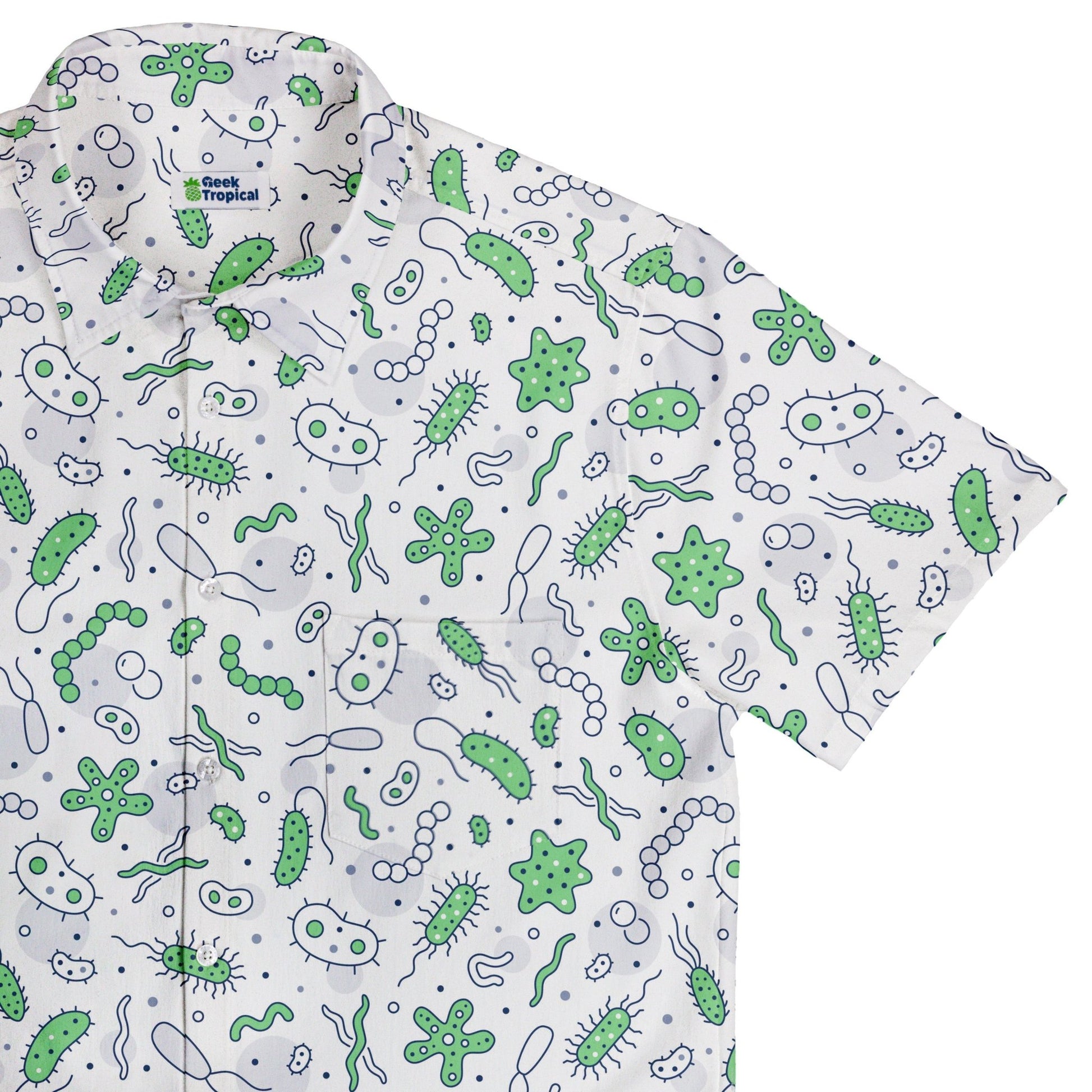 Science Green Microbes White Button Up Shirt - adult sizing - science print -